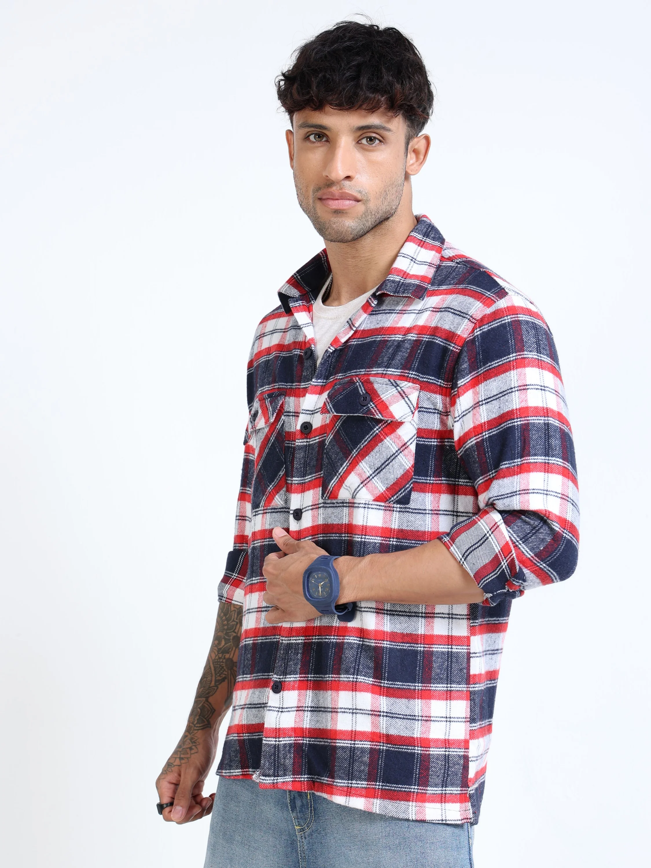 Men Twill Red Checked Overshirt - Image 3