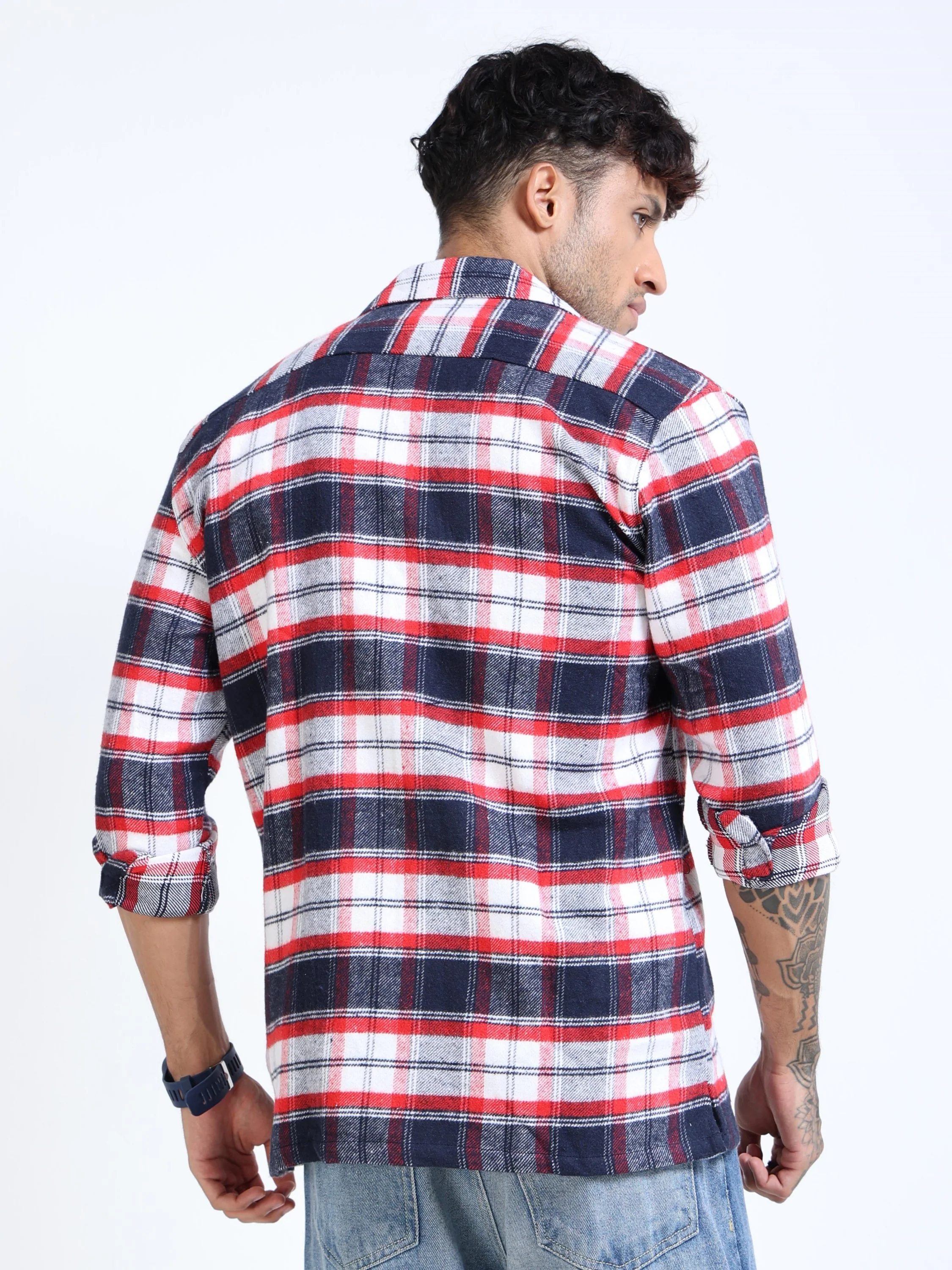 Men Twill Red Checked Overshirt - Image 4