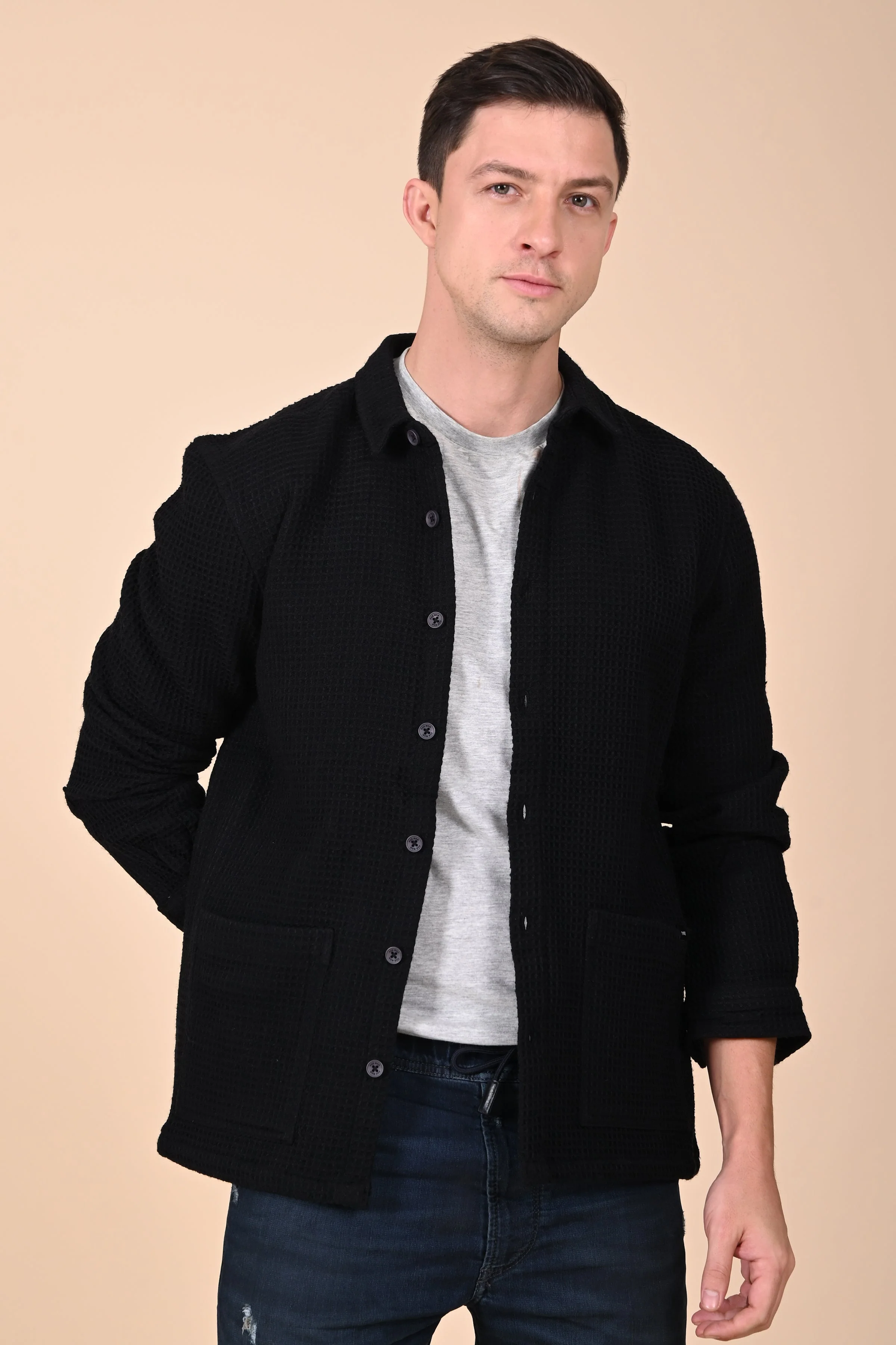 Men Ultima Black Waffle Dobby Jacket - Image 3