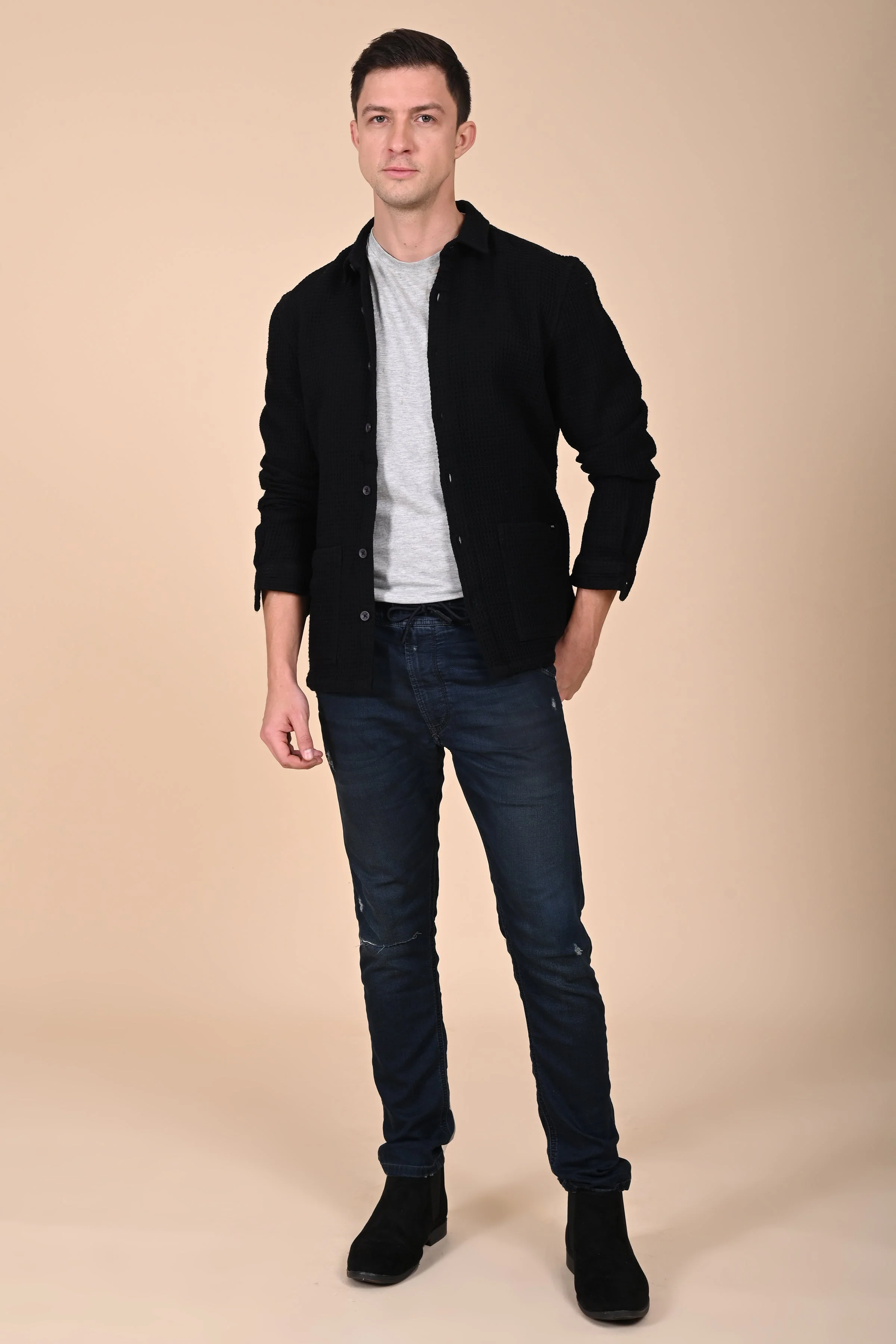 Men Ultima Black Waffle Dobby Jacket - Image 4