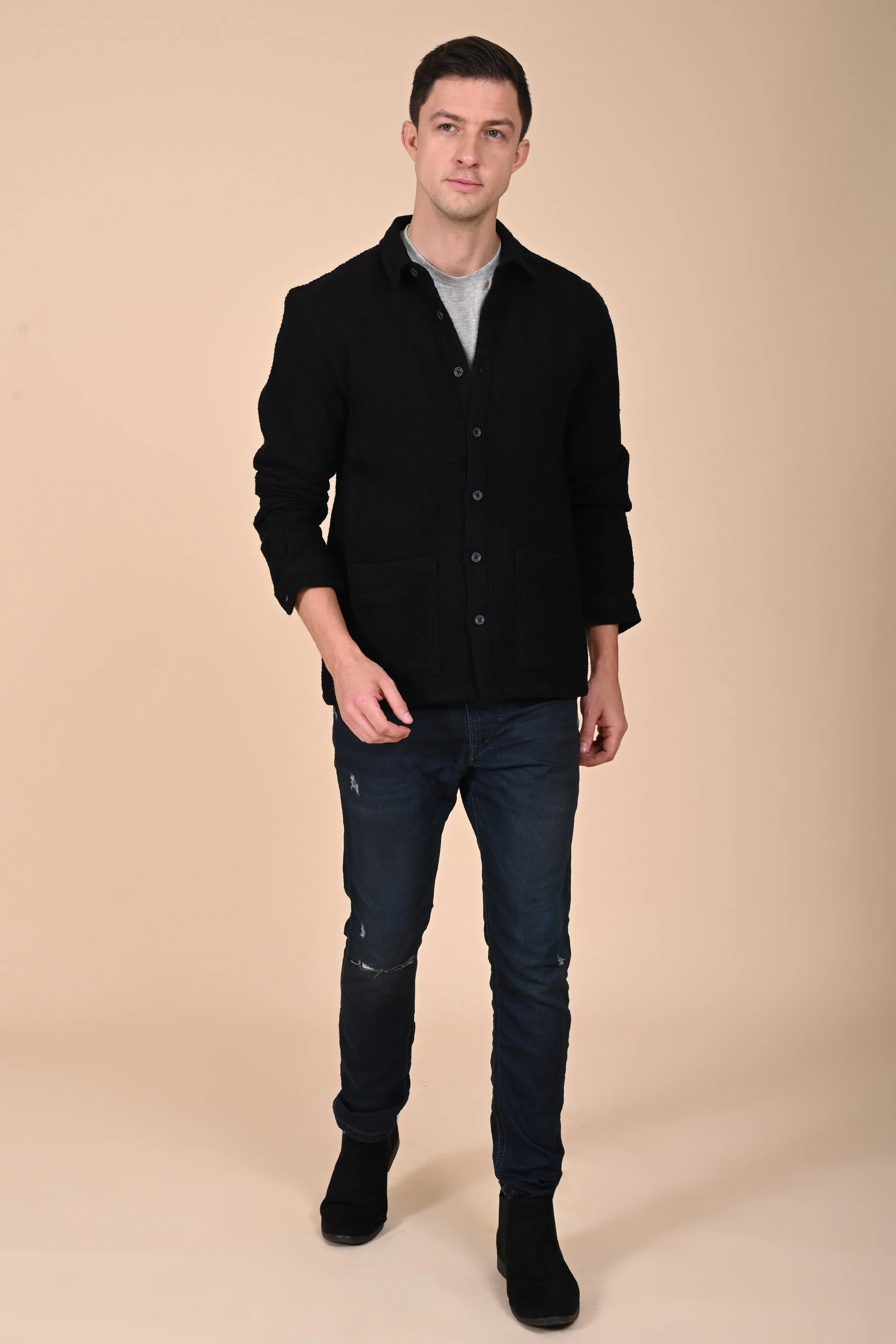 Men Ultima Black Waffle Dobby Jacket - Image 5