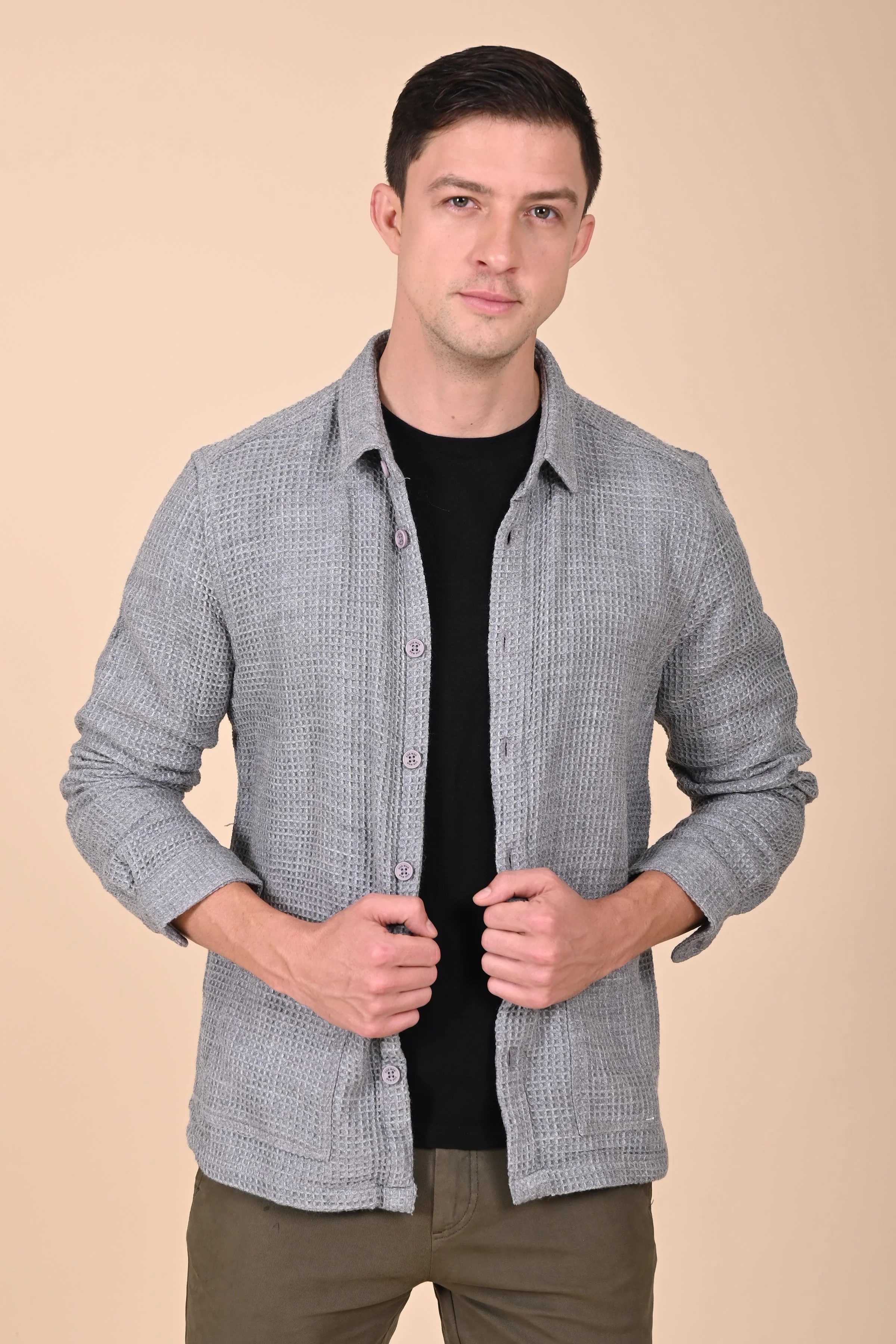 Men Ultima Grey Melange Waffle Dobby Jacket - Image 2