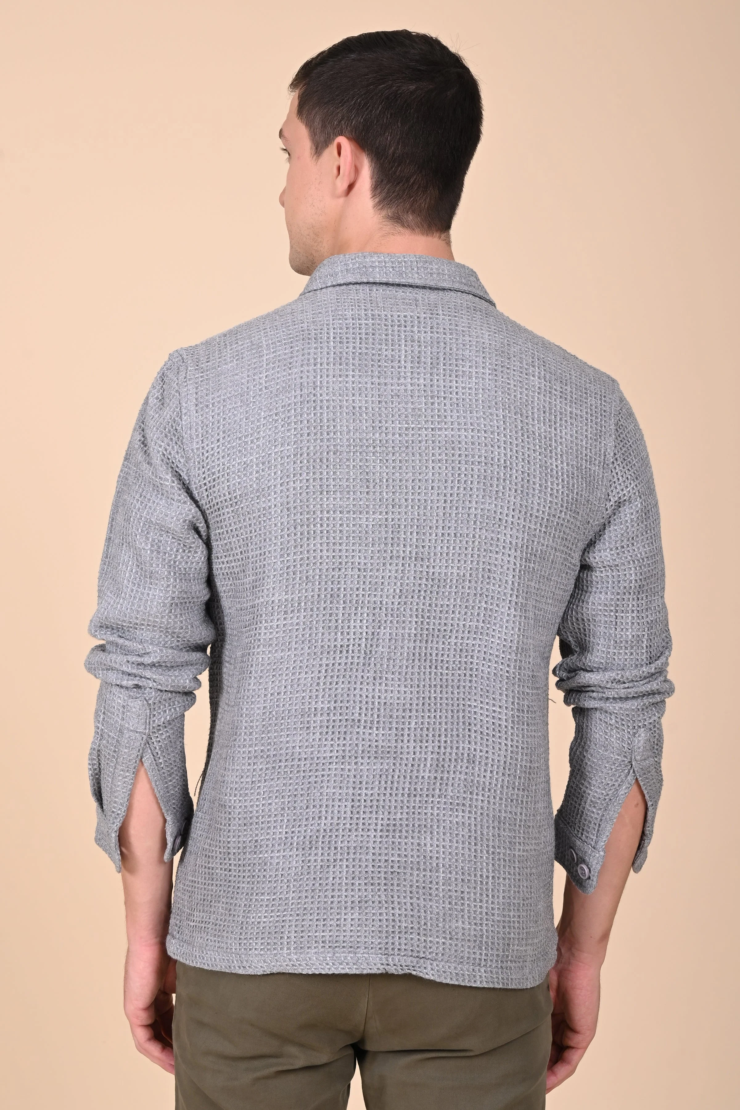 Men Ultima Grey Melange Waffle Dobby Jacket - Image 3