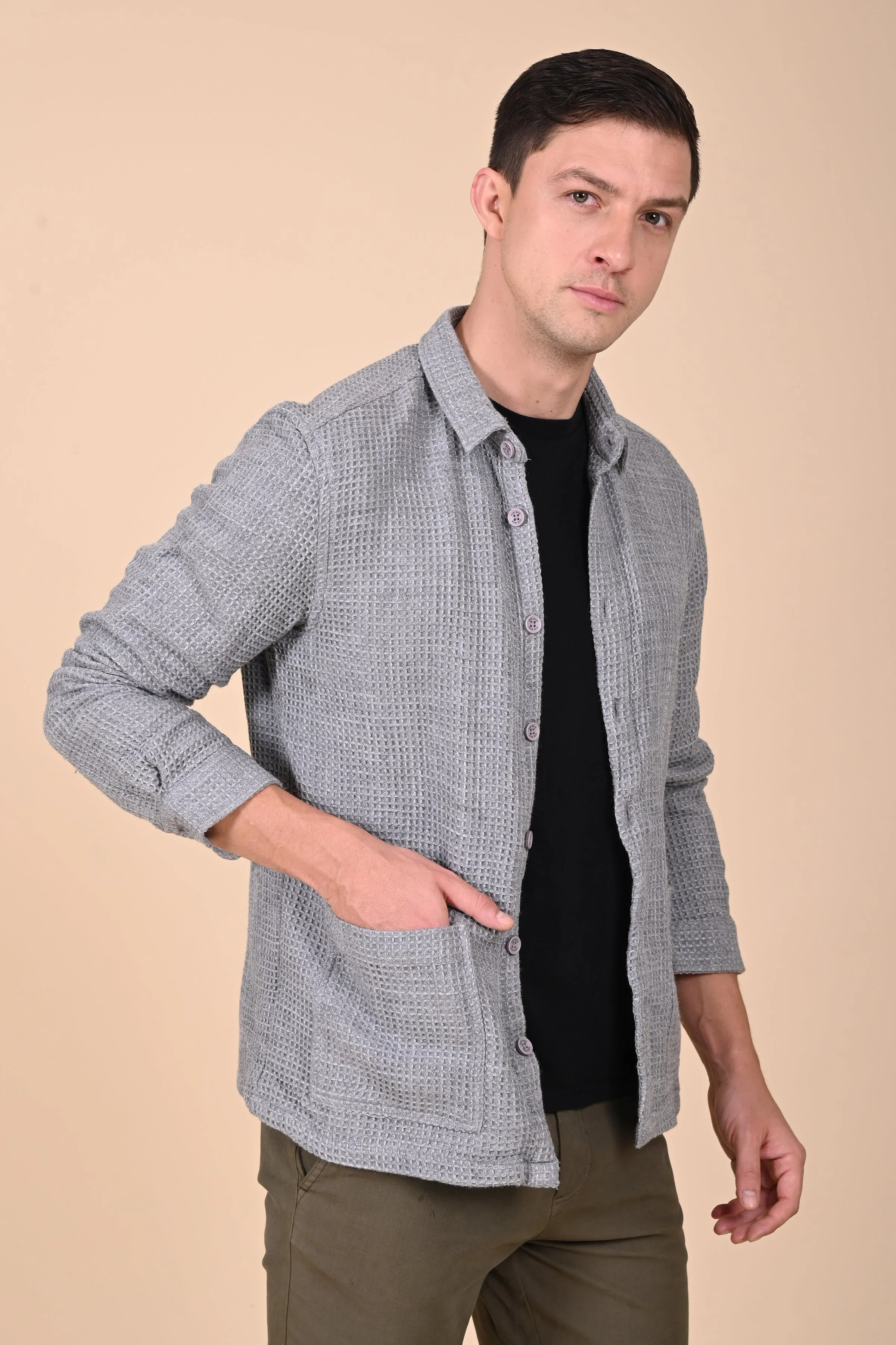 Men Ultima Grey Melange Waffle Dobby Jacket - Image 5
