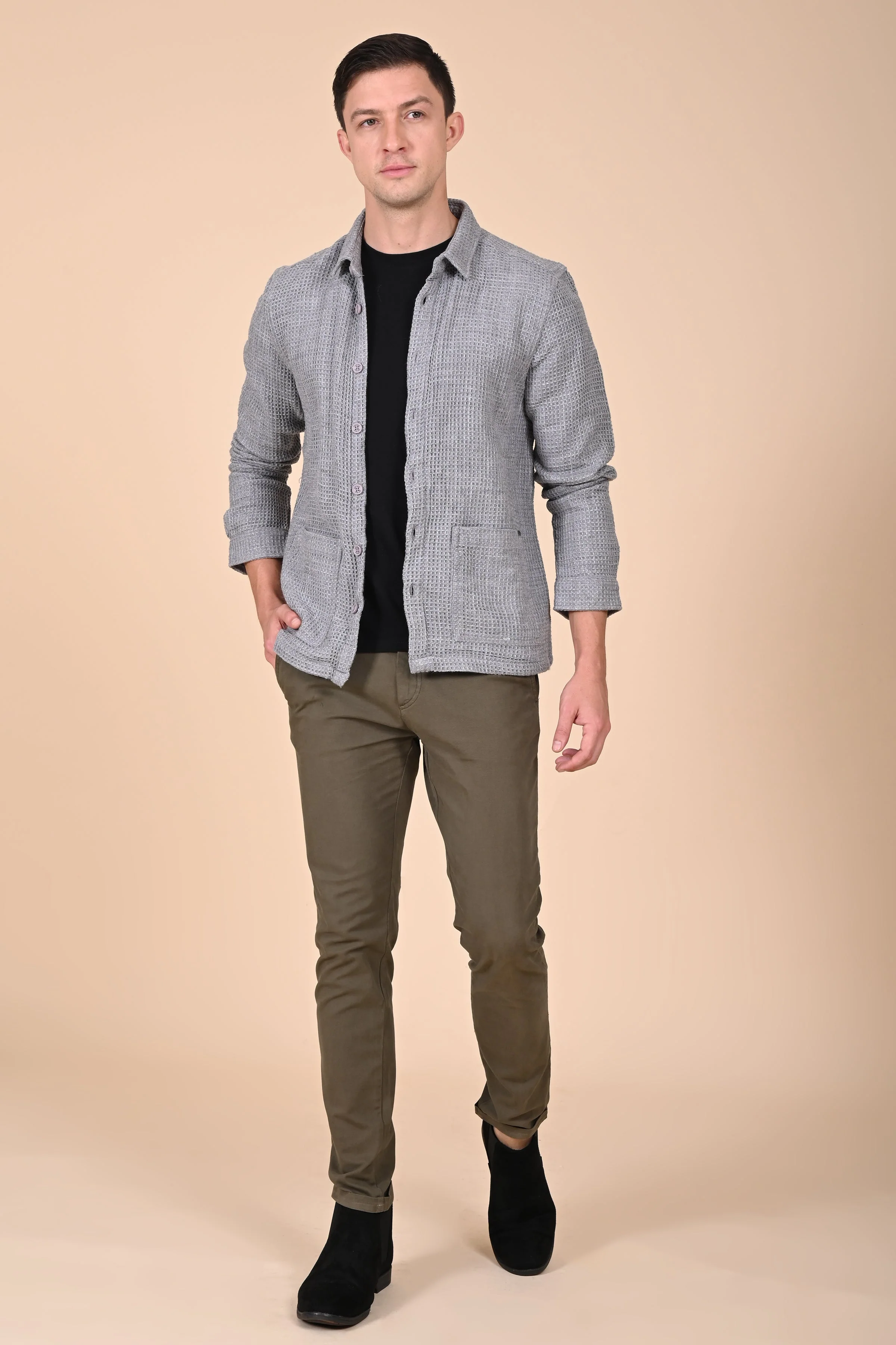 Men Ultima Grey Melange Waffle Dobby Jacket - Image 6