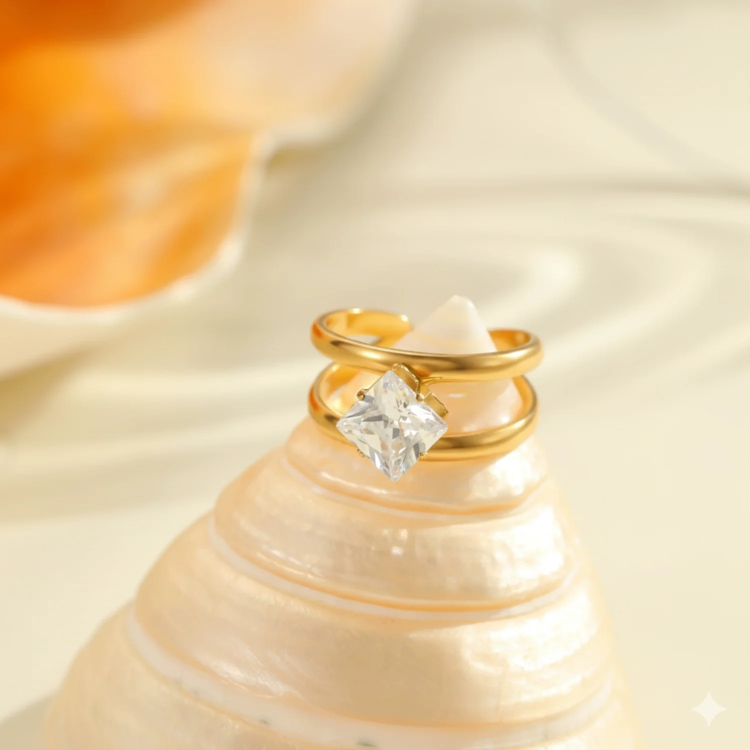 Modern Gold Double-Row Square Crystal Adjustable Ring