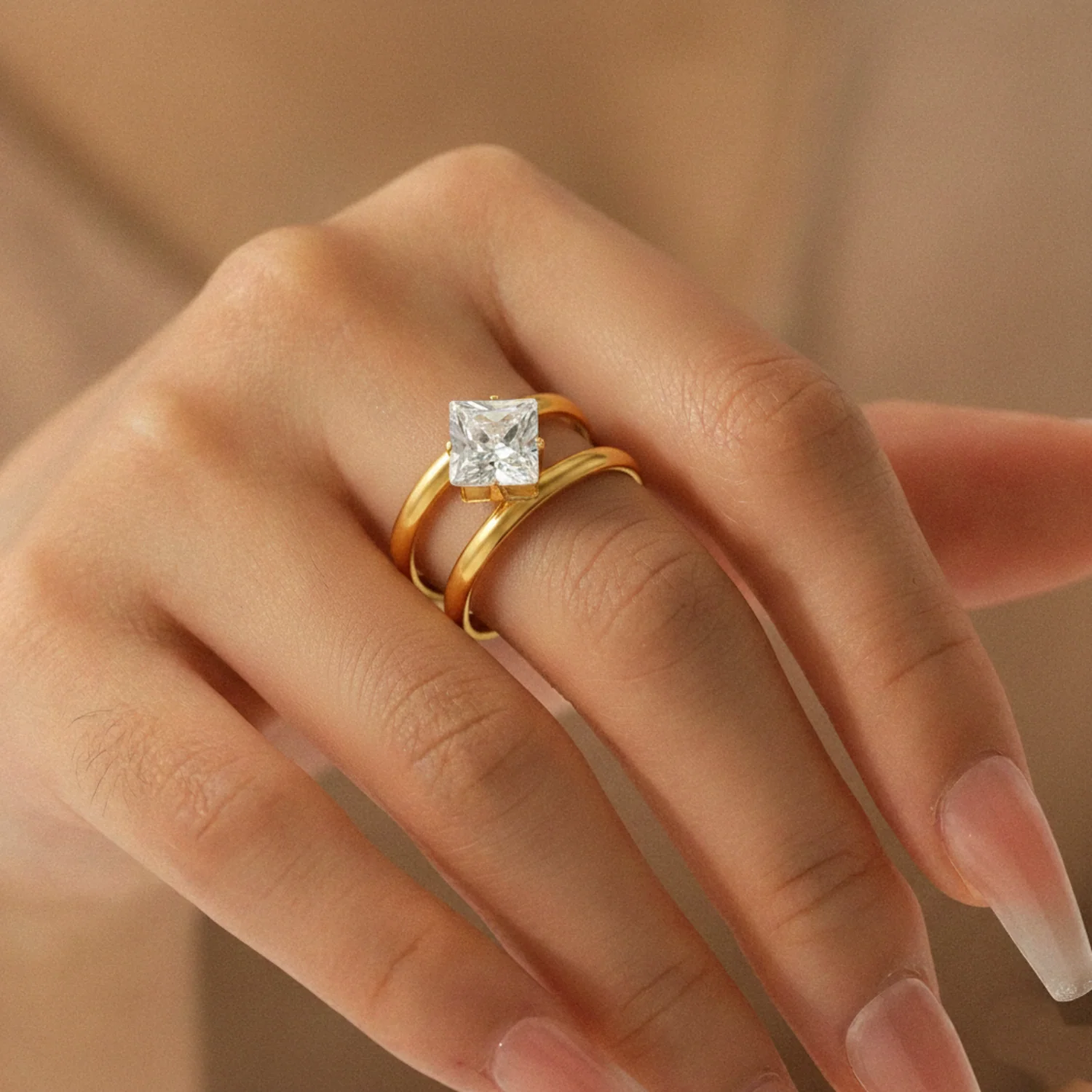 Modern Gold Double-Row Square Crystal Adjustable Ring - Image 2