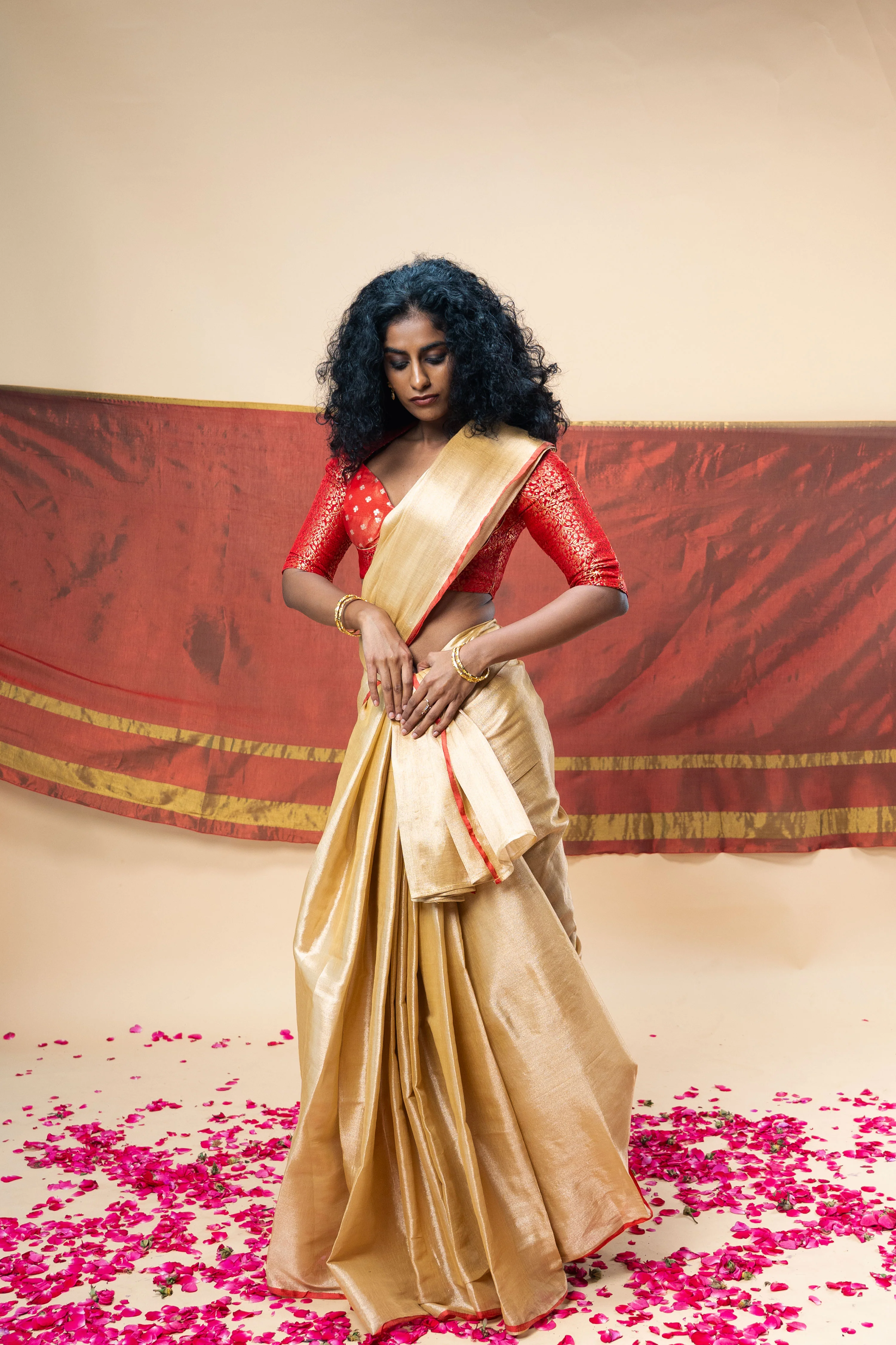 MRIGVI I Rose Gold handwoven tissue saree with red border - Image 2