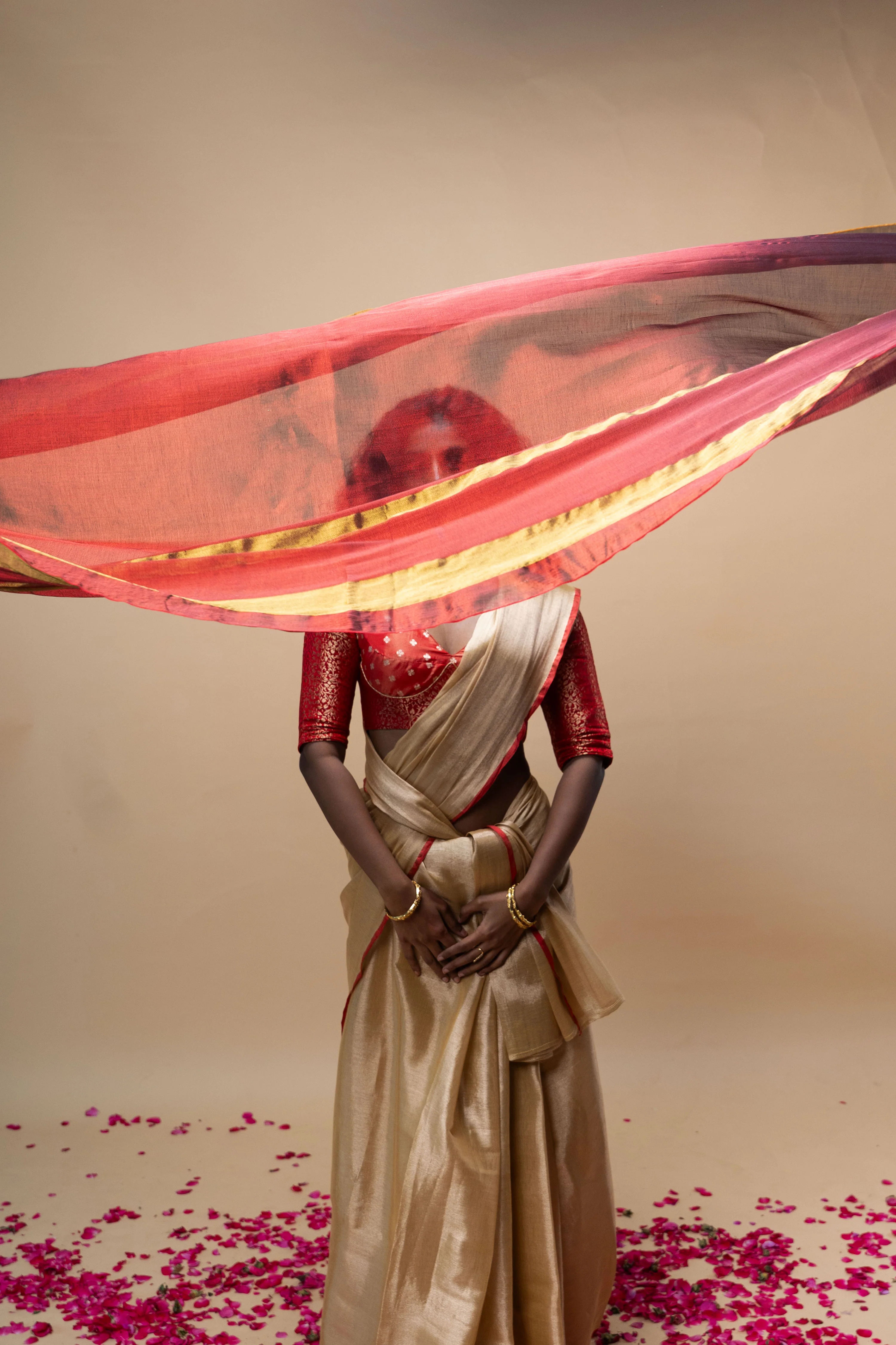 MRIGVI I Rose Gold handwoven tissue saree with red border - Image 3