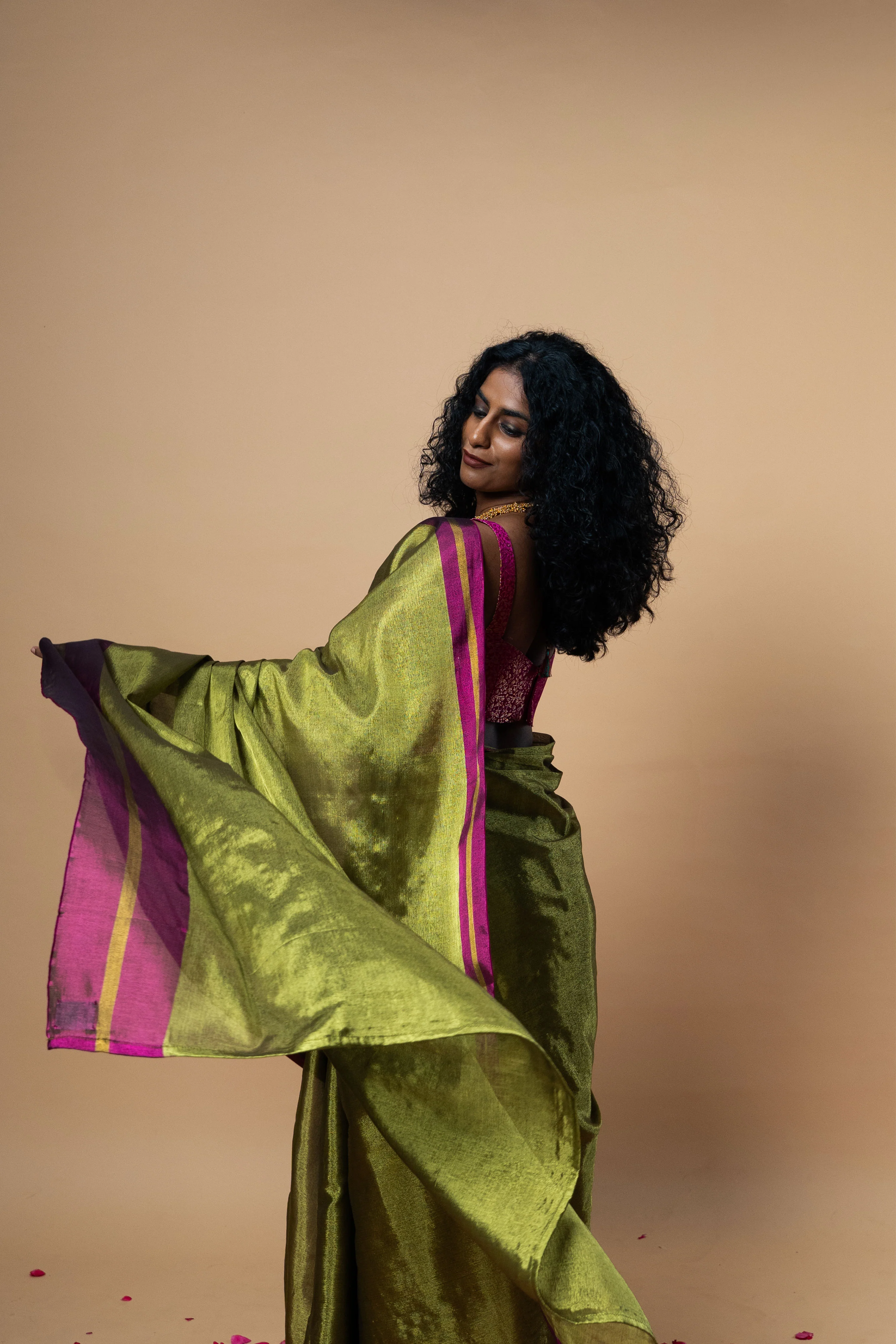 MUDRAYA I Lime Green Handwoven Tissue saree with pink and gold striped border - Image 2