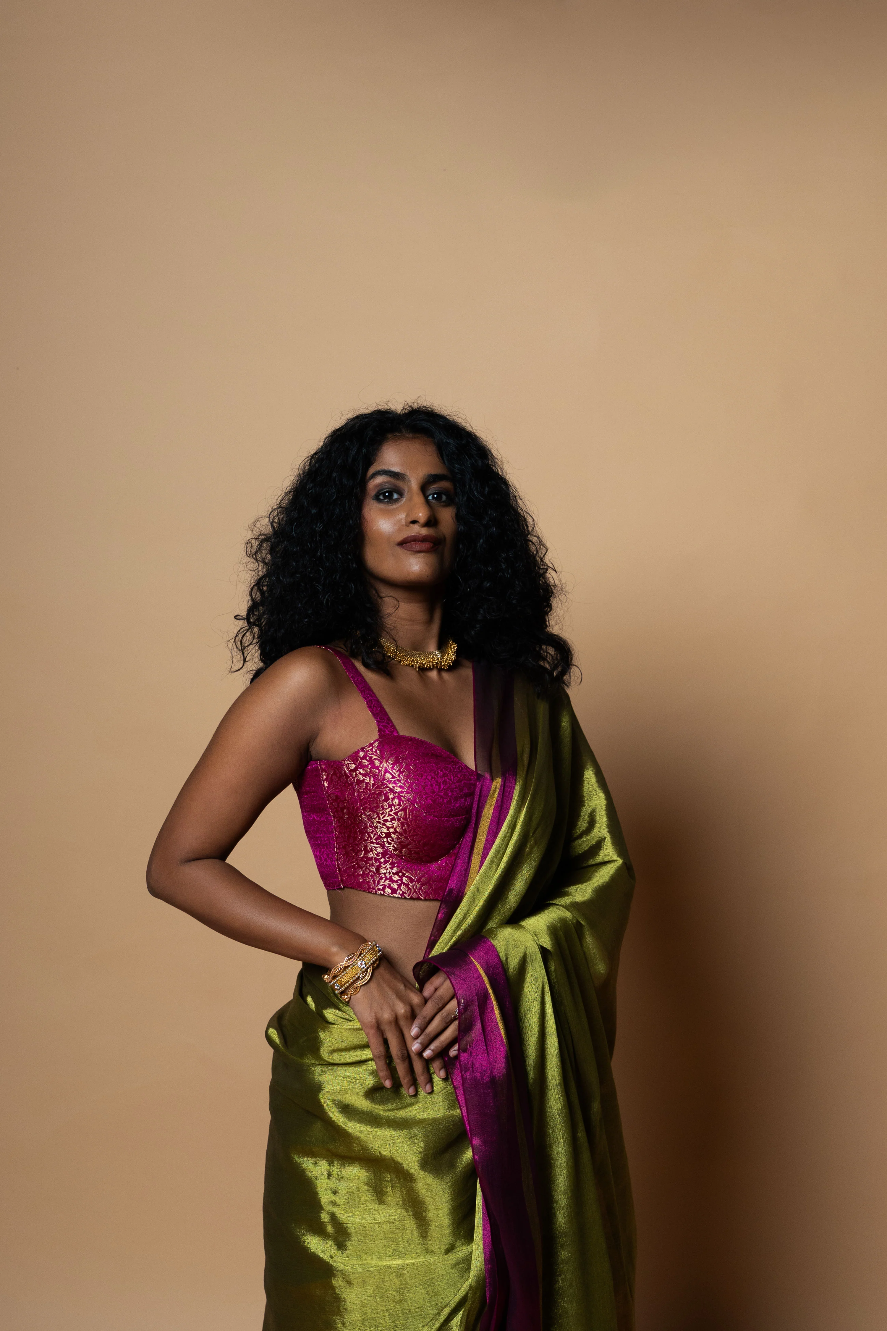 MUDRAYA I Lime Green Handwoven Tissue saree with pink and gold striped border - Image 3