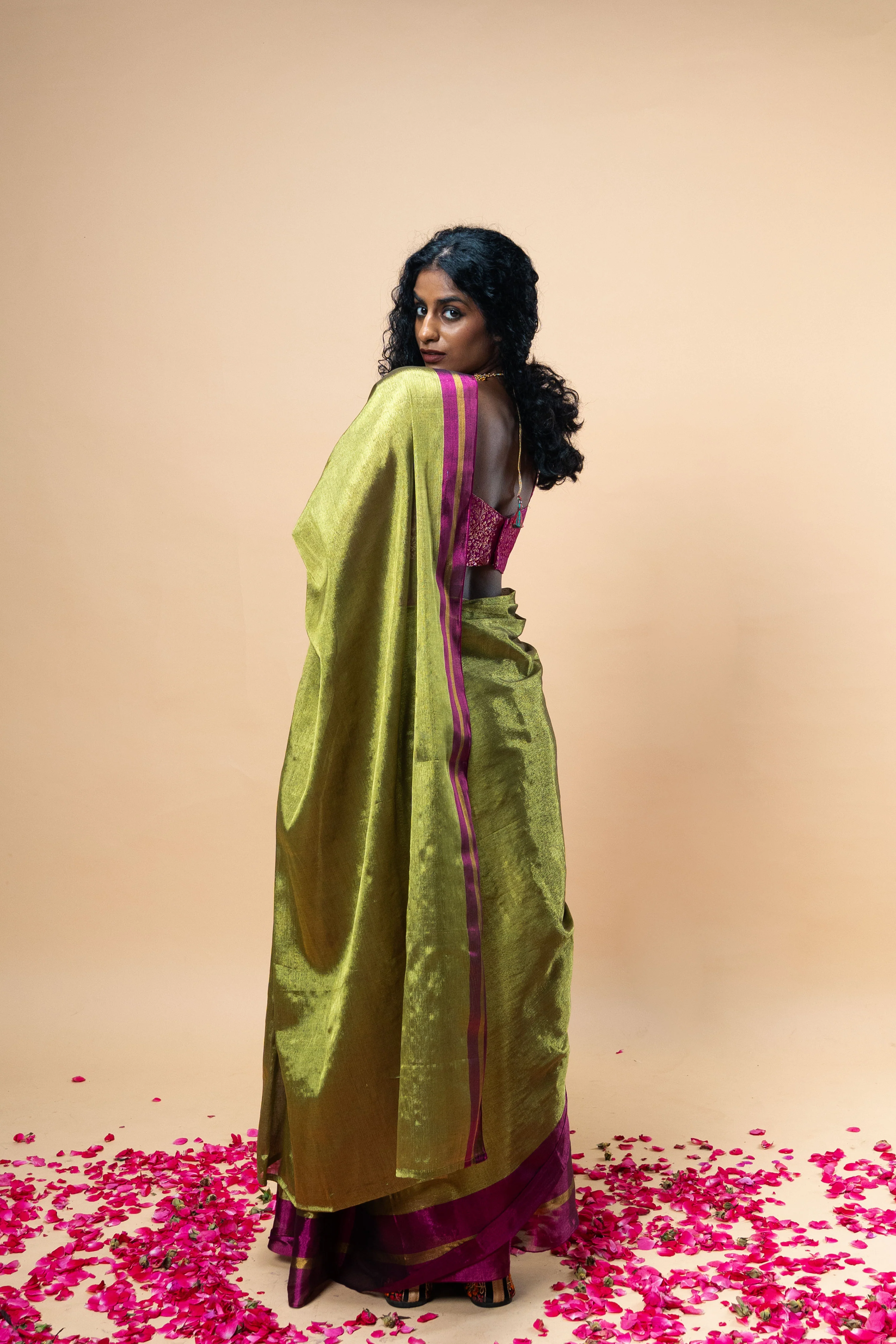 MUDRAYA I Lime Green Handwoven Tissue saree with pink and gold striped border - Image 4