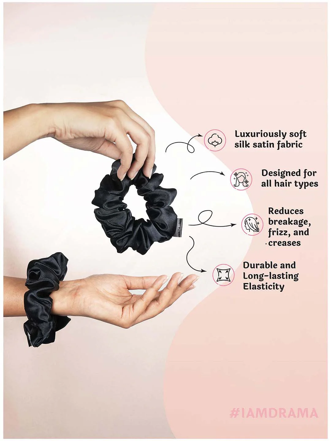 Multi  Black Silk Satin Scrunchies Set of 6 - Image 2