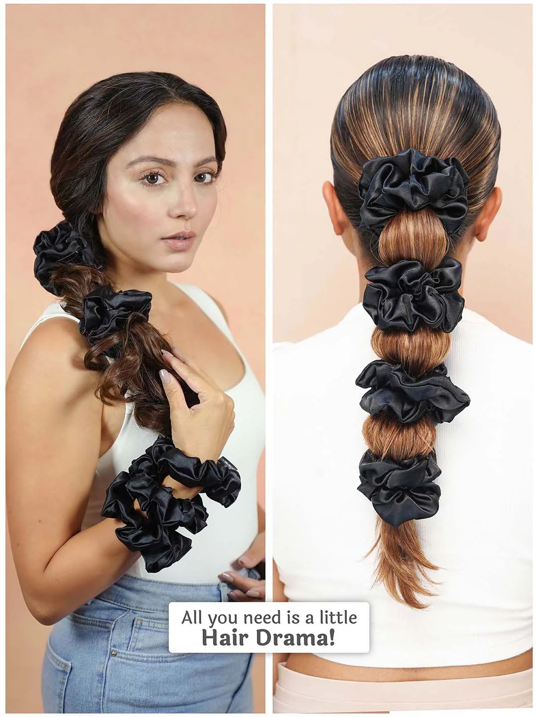Multi  Black Silk Satin Scrunchies Set of 6 - Image 3