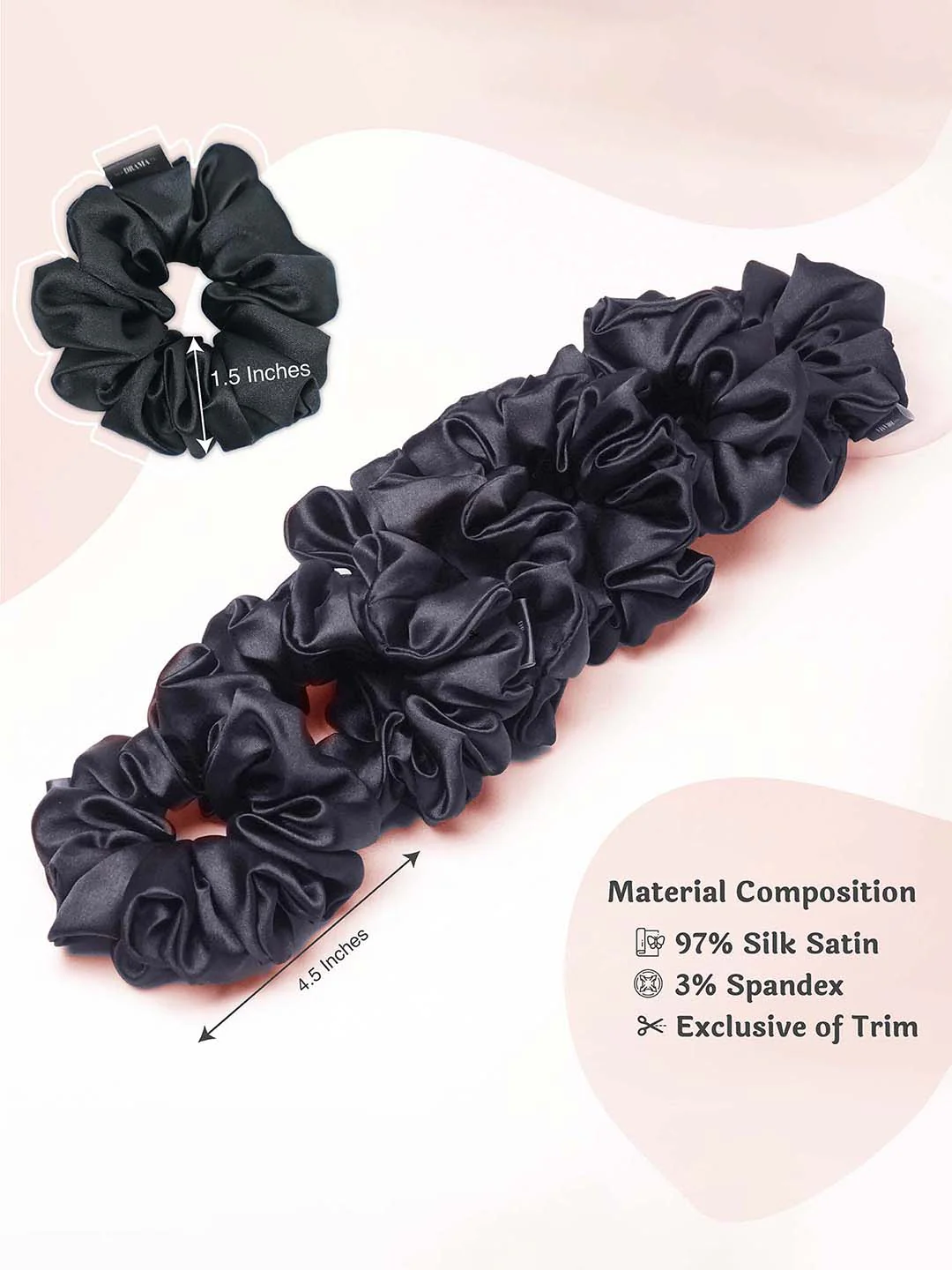 Multi  Black Silk Satin Scrunchies Set of 6 - Image 4