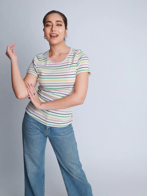 Women Multi Coloured Stripe Jersey T-shirt - Image 3