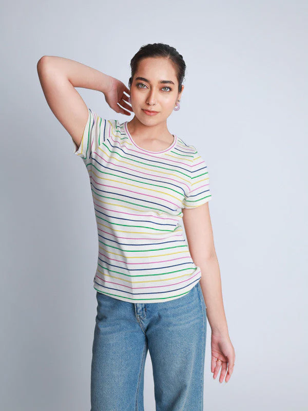 Women Multi Coloured Stripe Jersey T-shirt - Image 4
