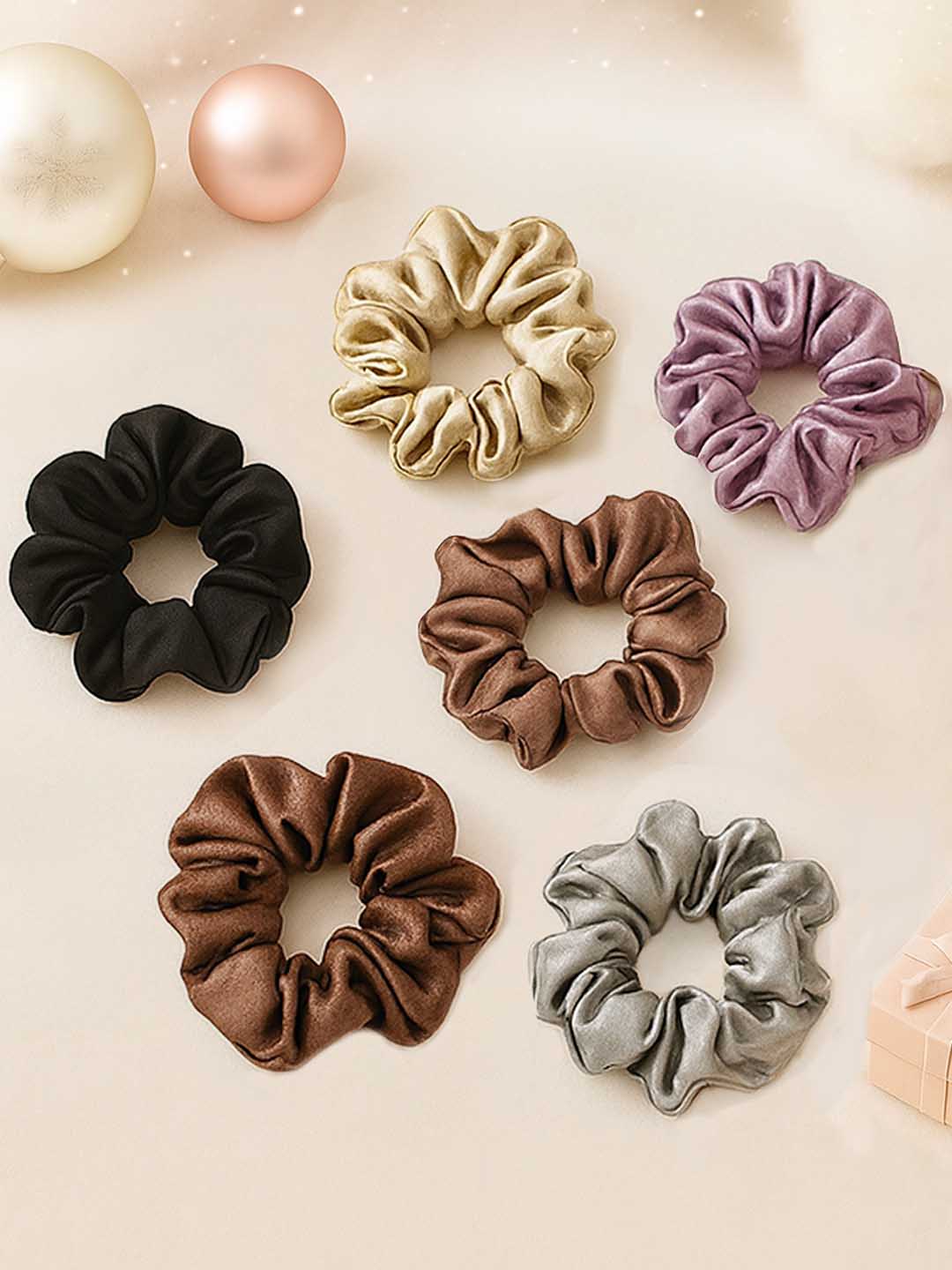 Multi  Neutral Silk Satin Scrunchies Set of 6 - Image 3