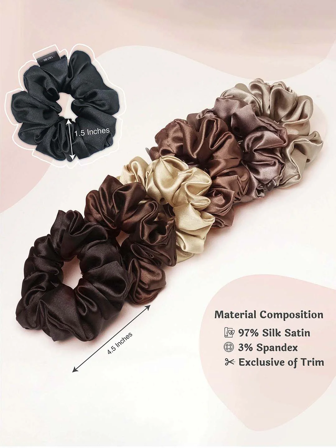 Multi  Neutral Silk Satin Scrunchies Set of 6 - Image 7