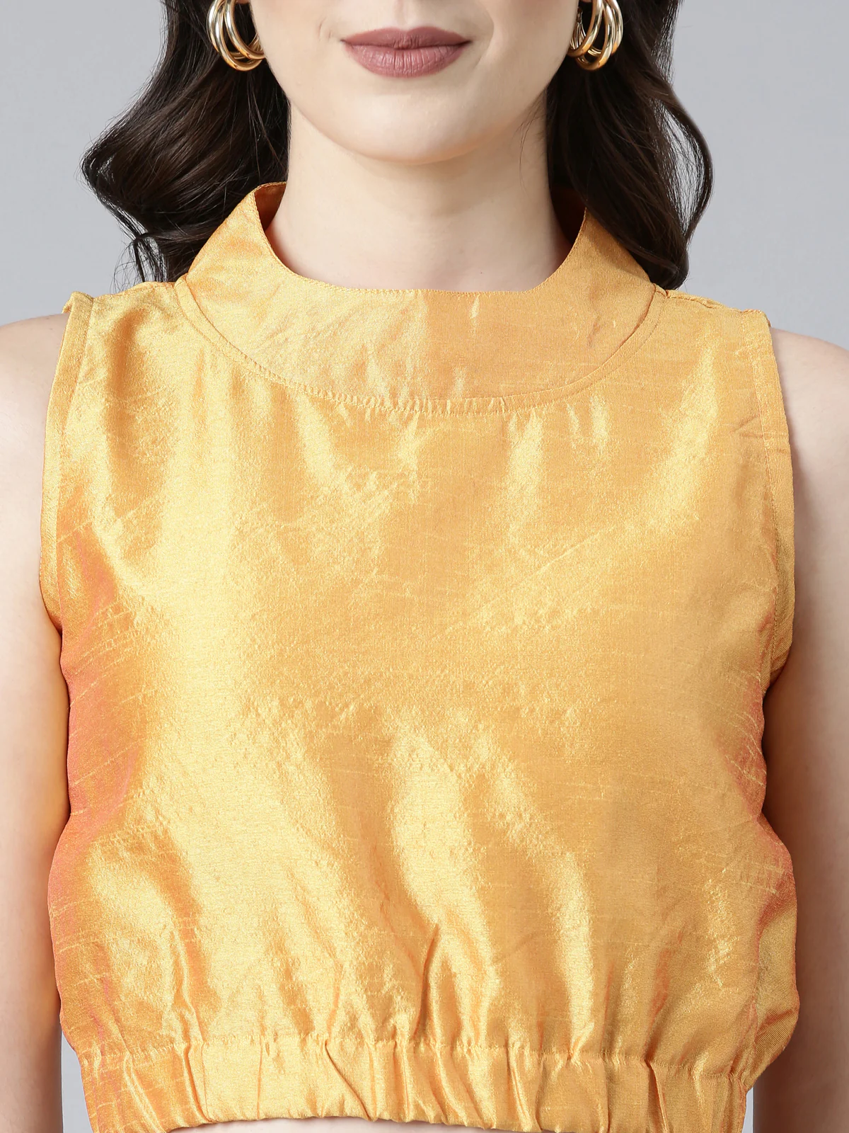 Mustard Solid Three-Quarter Sleeves Mandarin Collar Dupion Silk Knot Blouse - Image 3