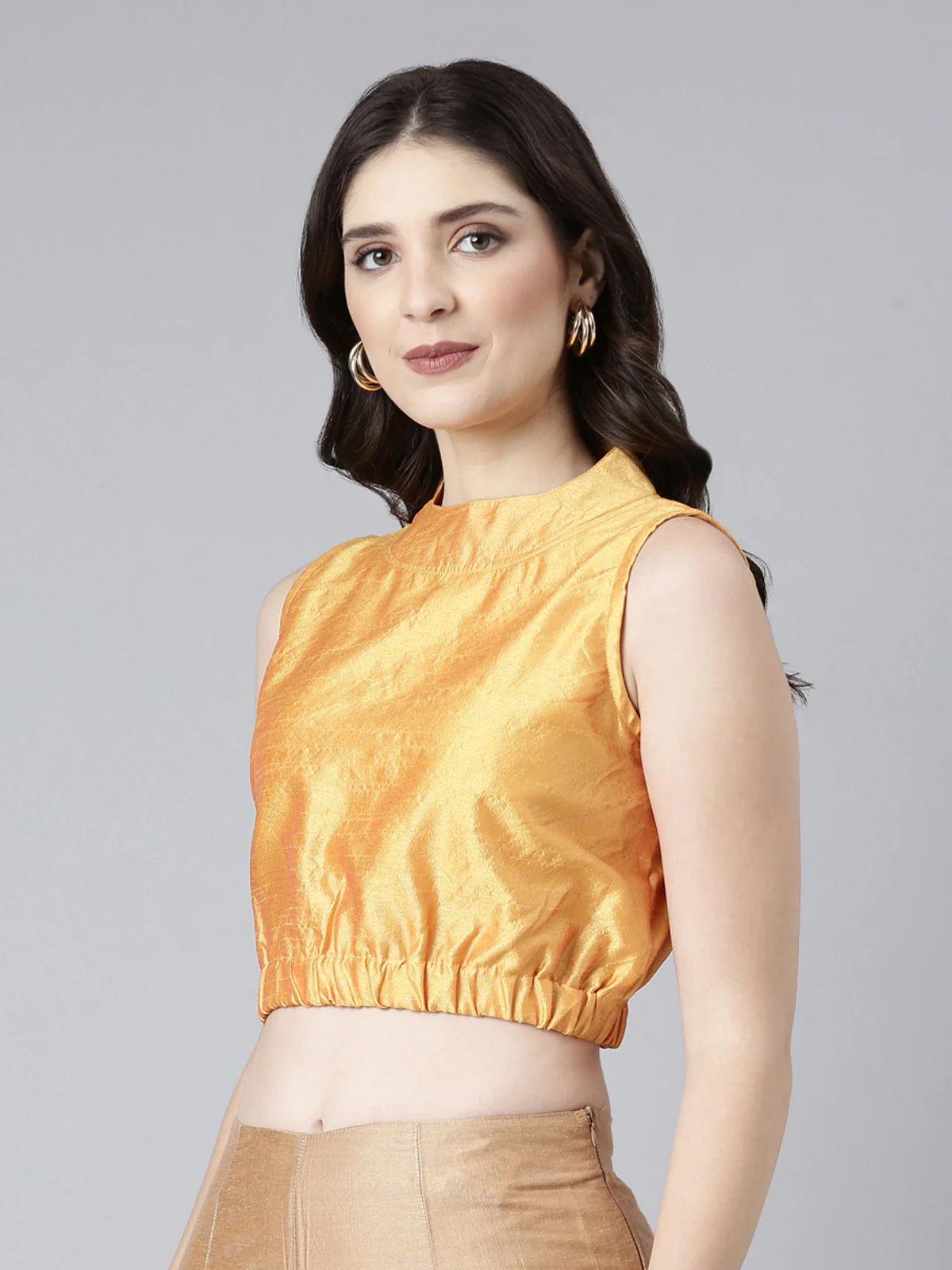 Mustard Solid Three-Quarter Sleeves Mandarin Collar Dupion Silk Knot Blouse - Image 4