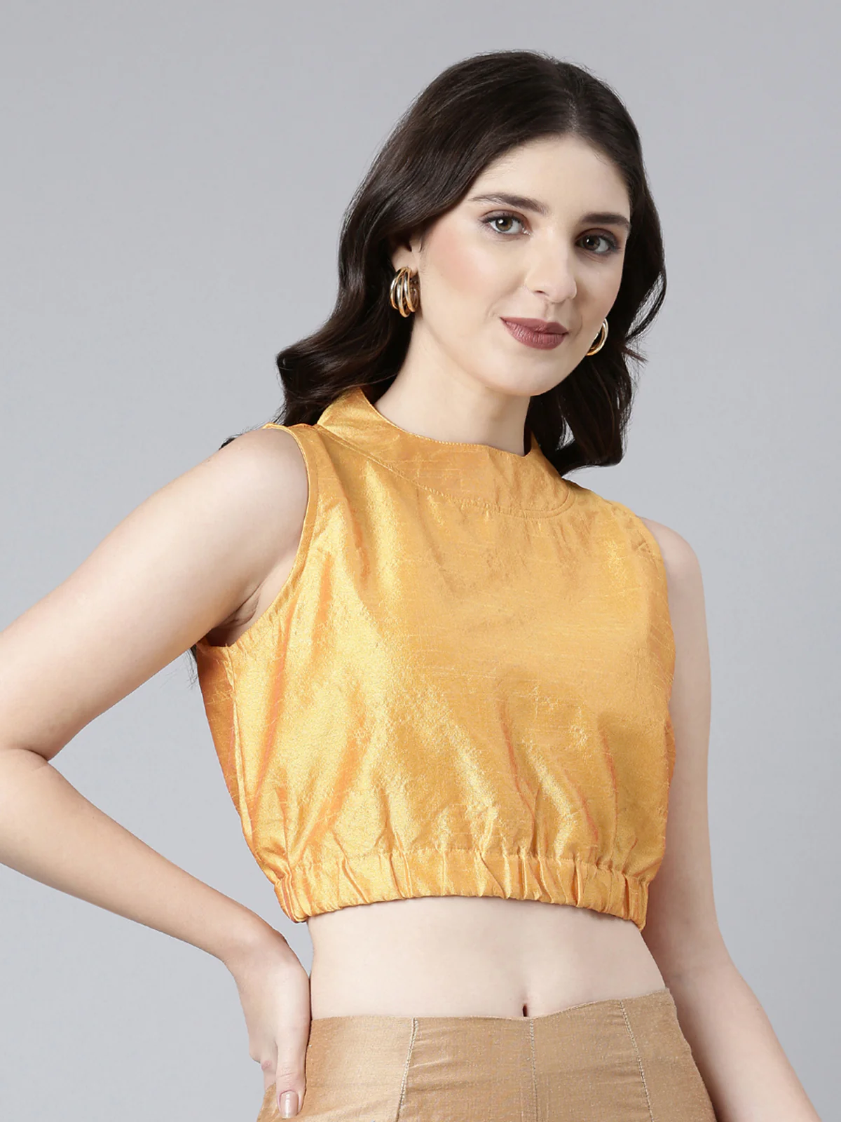 Mustard Solid Three-Quarter Sleeves Mandarin Collar Dupion Silk Knot Blouse - Image 5