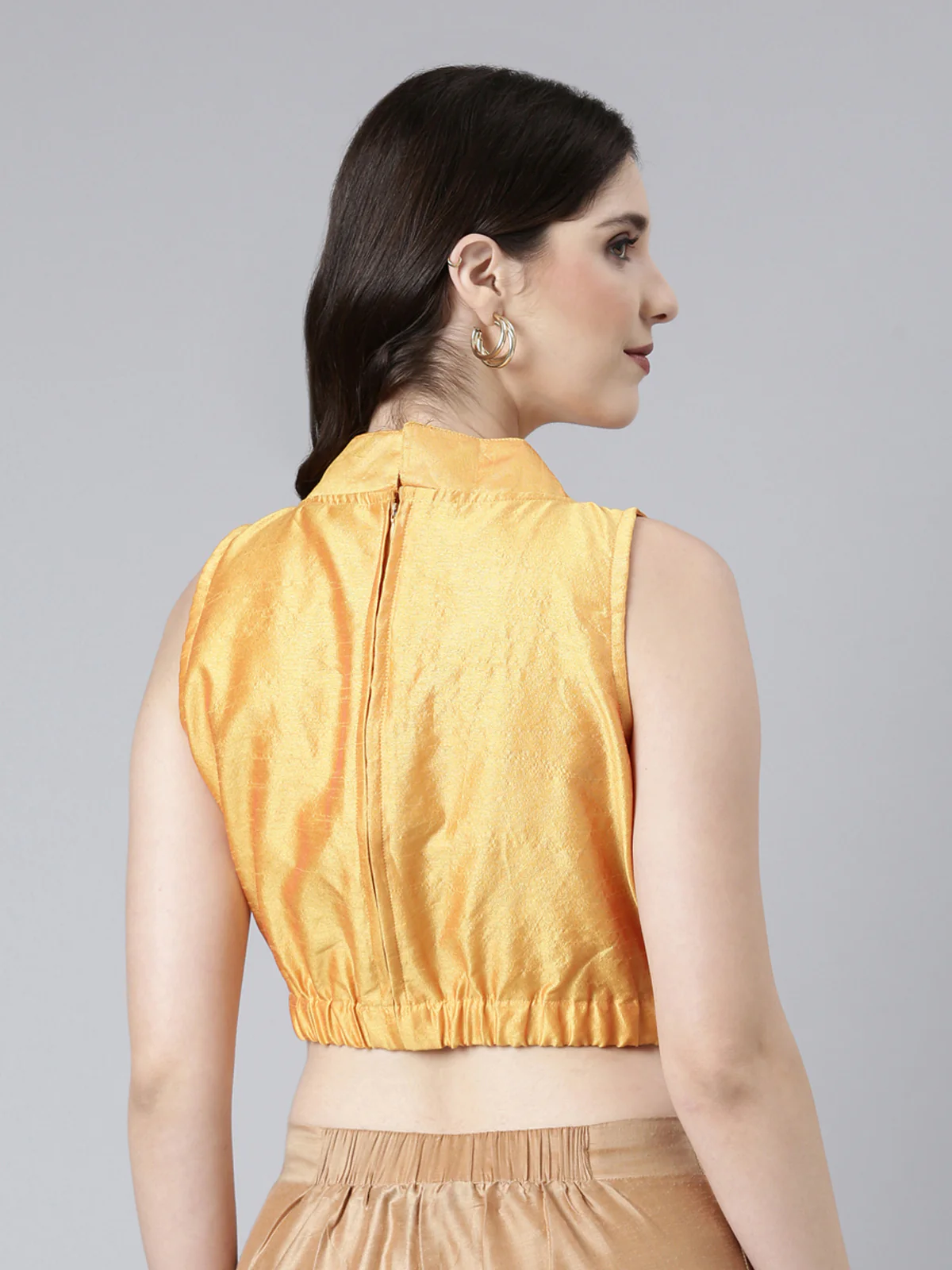 Mustard Solid Three-Quarter Sleeves Mandarin Collar Dupion Silk Knot Blouse - Image 6