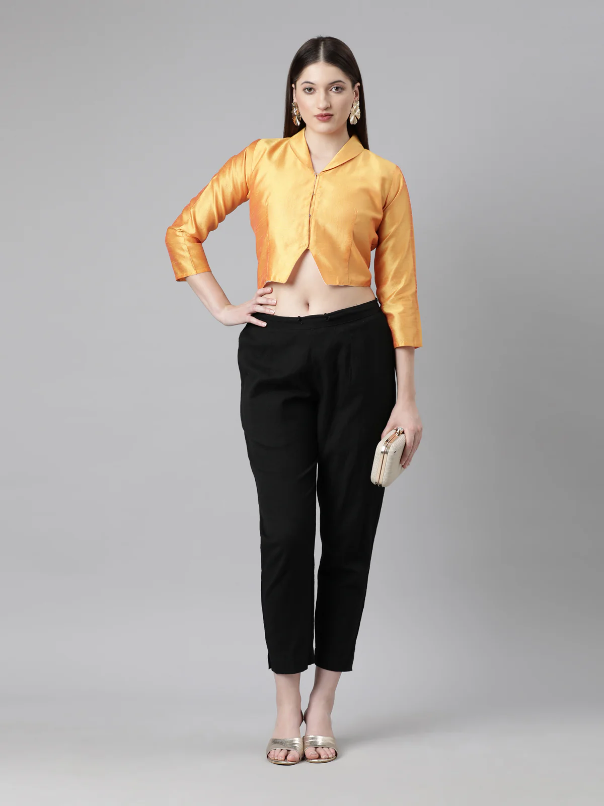 Mustard Solid Three-Quarter Sleeves Mandarin Collar Dupion Silk Knot Blouse - Image 2