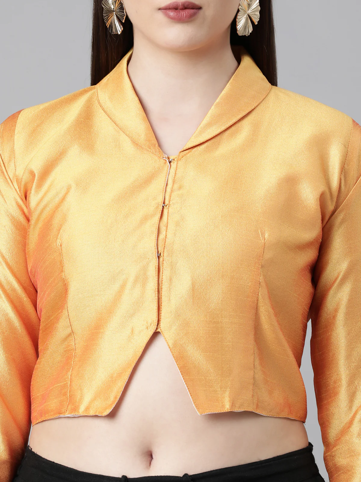 Mustard Solid Three-Quarter Sleeves Mandarin Collar Dupion Silk Knot Blouse - Image 3