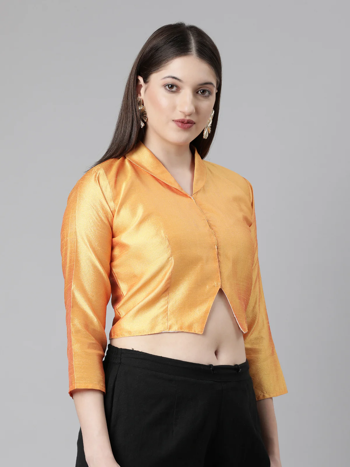 Mustard Solid Three-Quarter Sleeves Mandarin Collar Dupion Silk Knot Blouse - Image 5