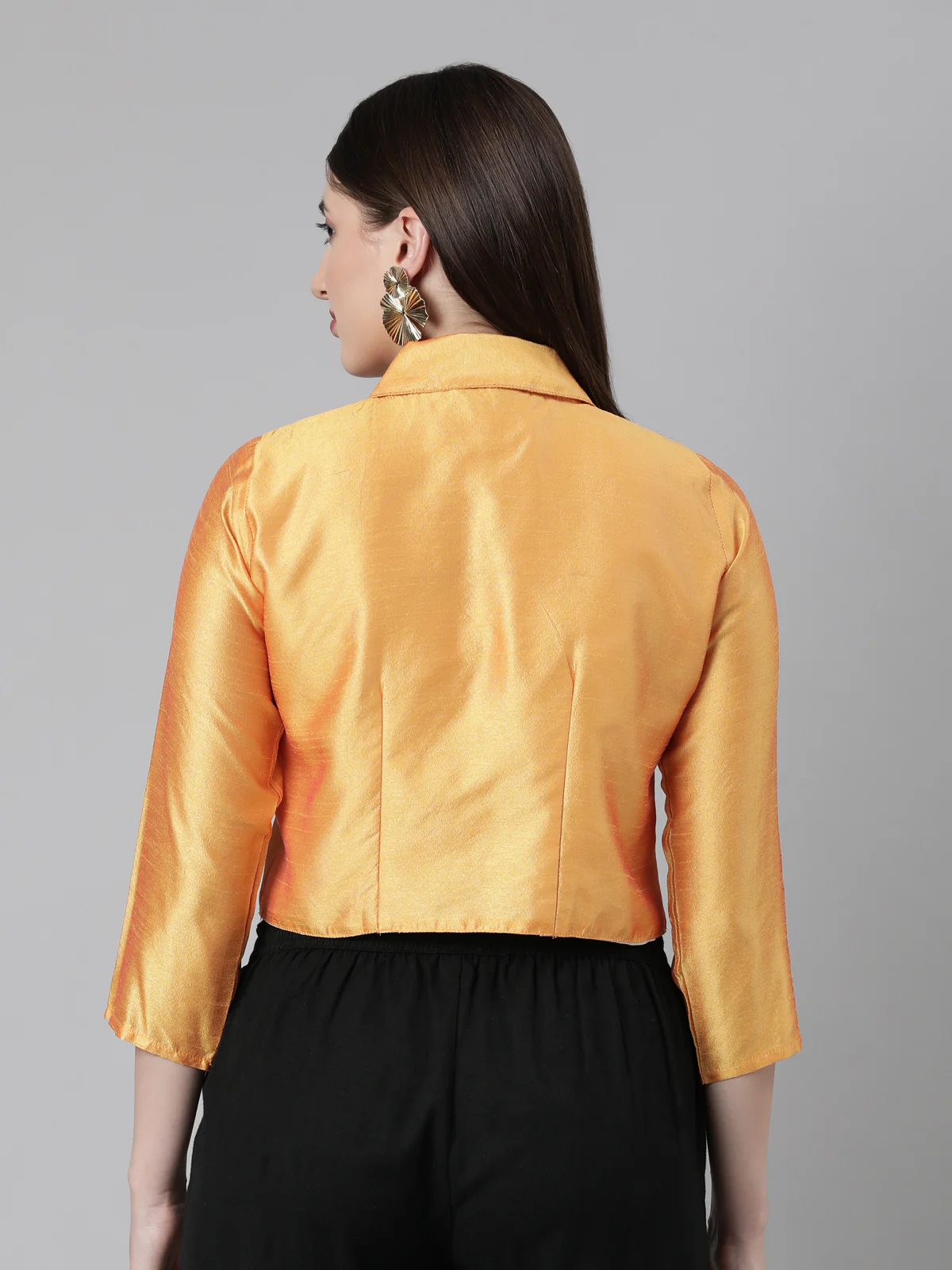 Mustard Solid Three-Quarter Sleeves Mandarin Collar Dupion Silk Knot Blouse - Image 6