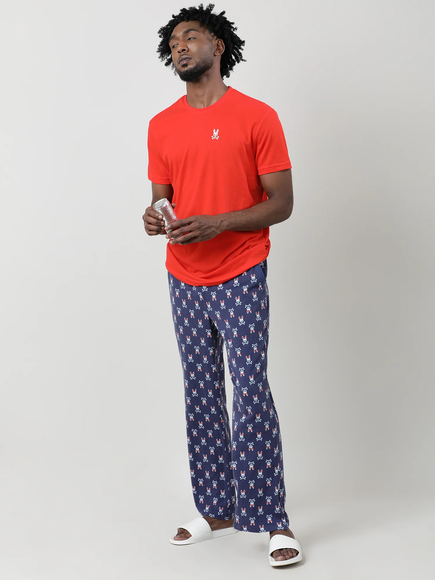 Men Oversized Navy Cotton Checkered Knit Lounge Pants - Image 2