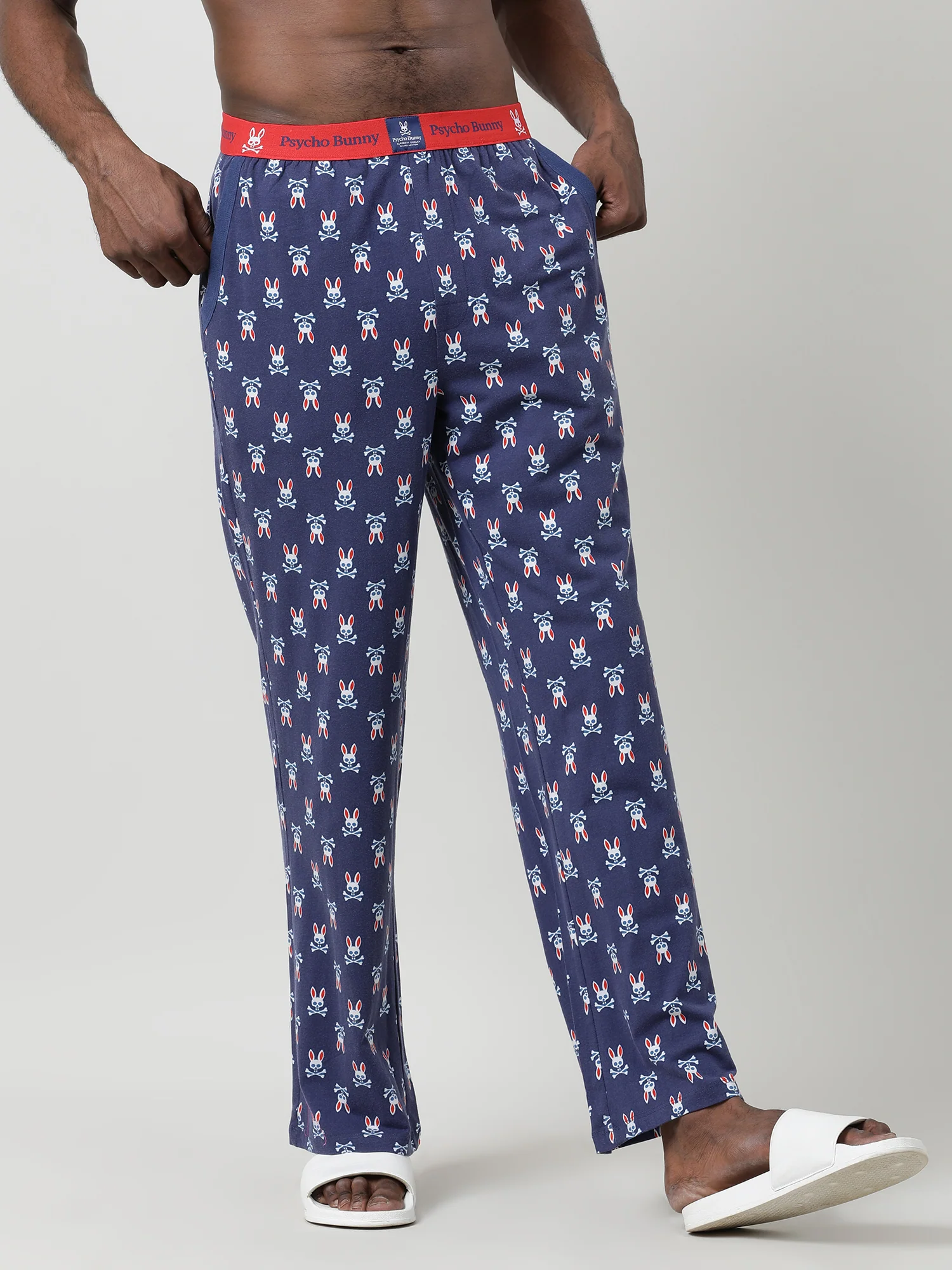 Men Oversized Navy Cotton Checkered Knit Lounge Pants - Image 4