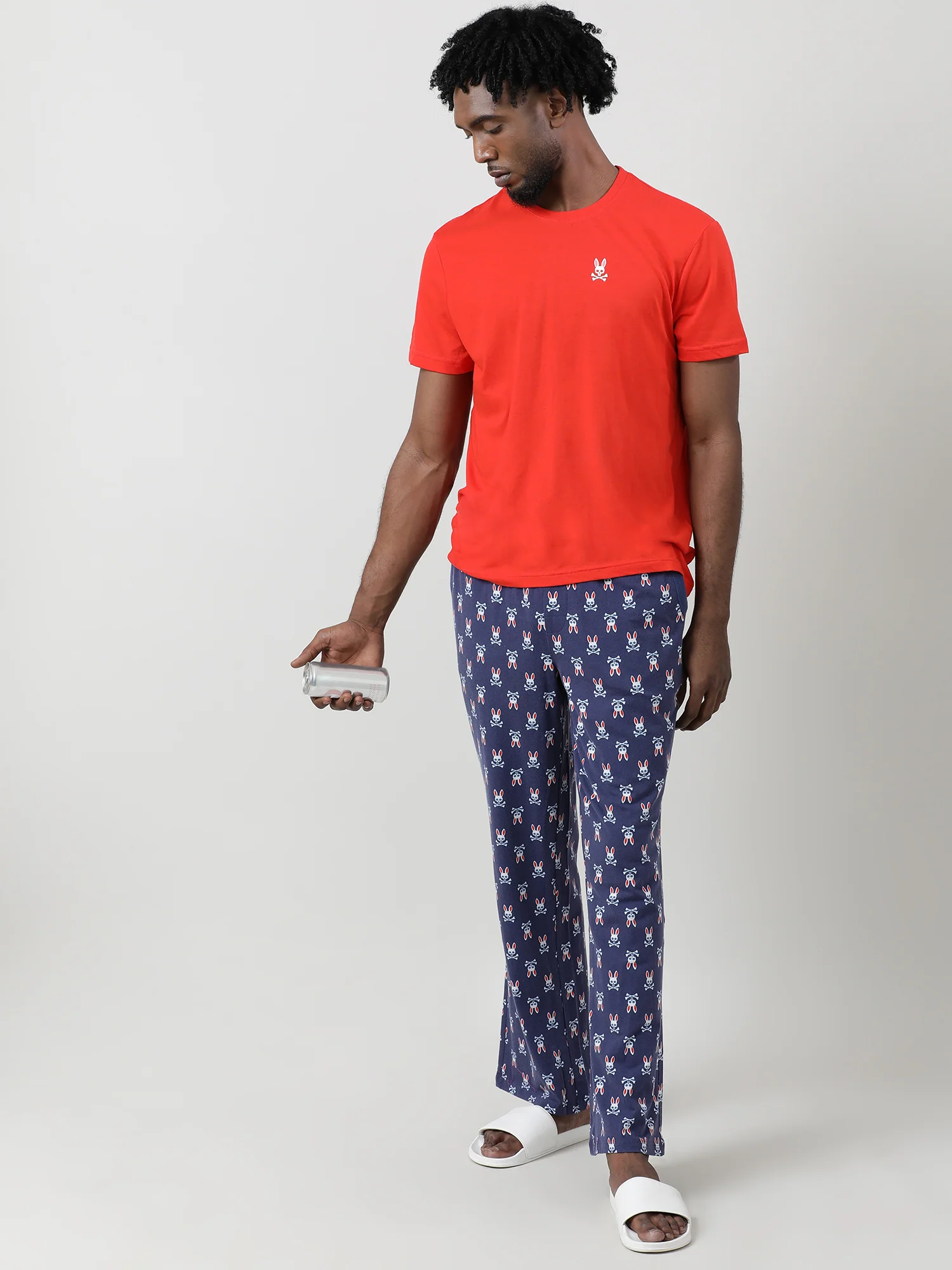Men Oversized Navy Cotton Checkered Knit Lounge Pants - Image 7