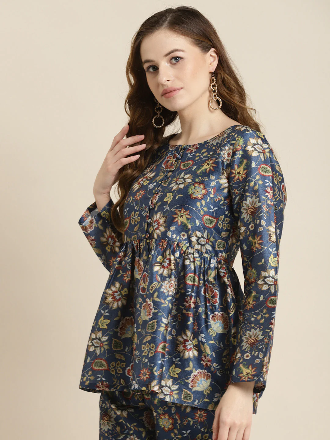 Navy Floral Front Button Top - Image 3