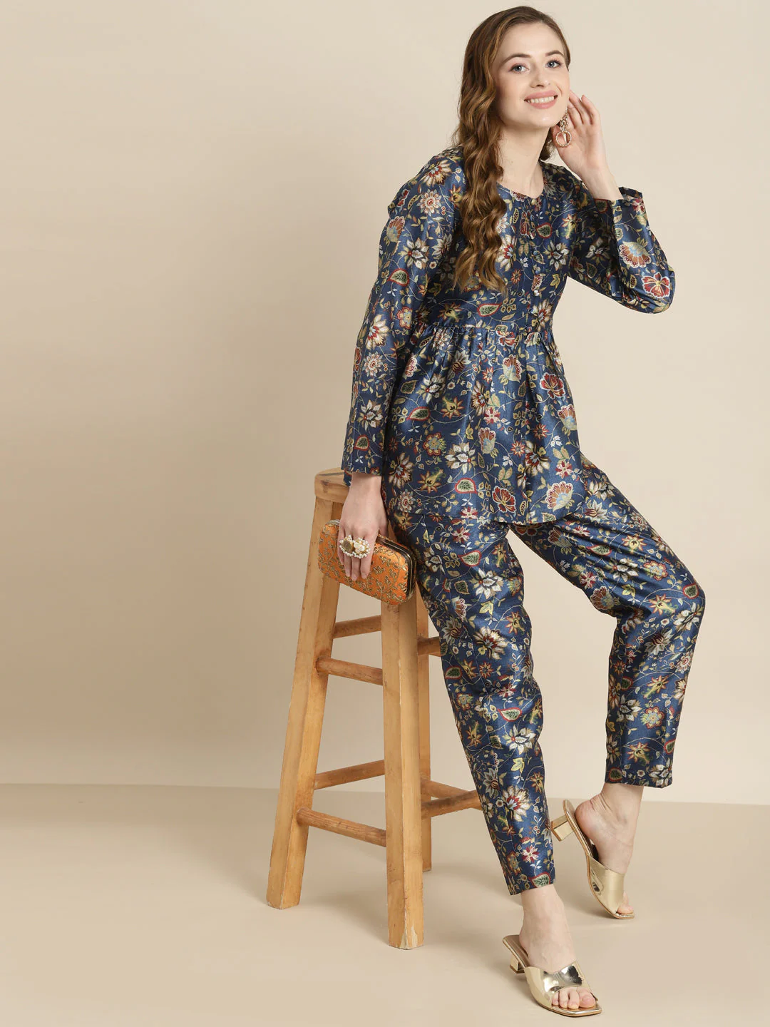 Navy Floral Front Button Top - Image 5