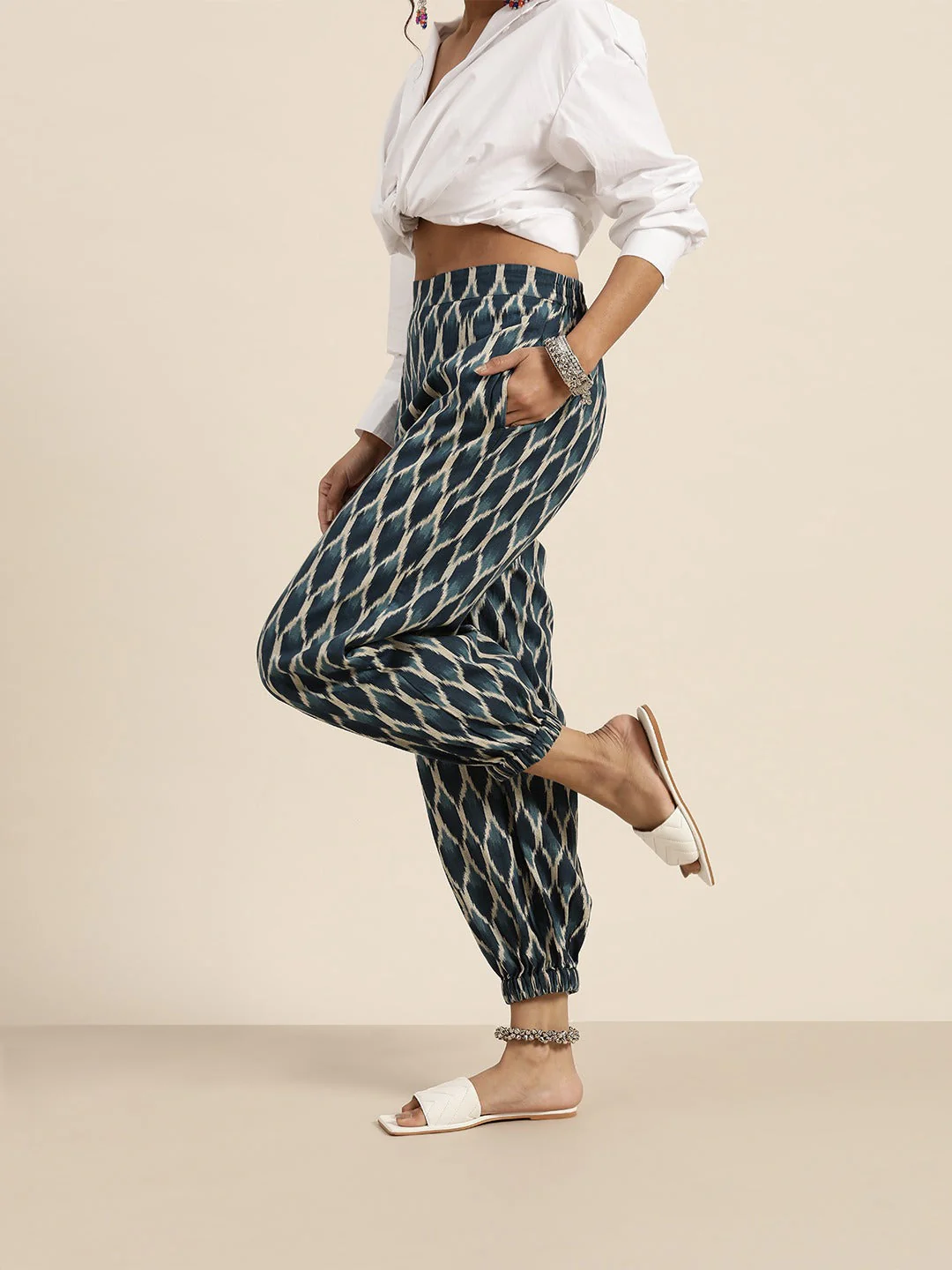 Navy Ikat Cuff Hem Pants - Image 2