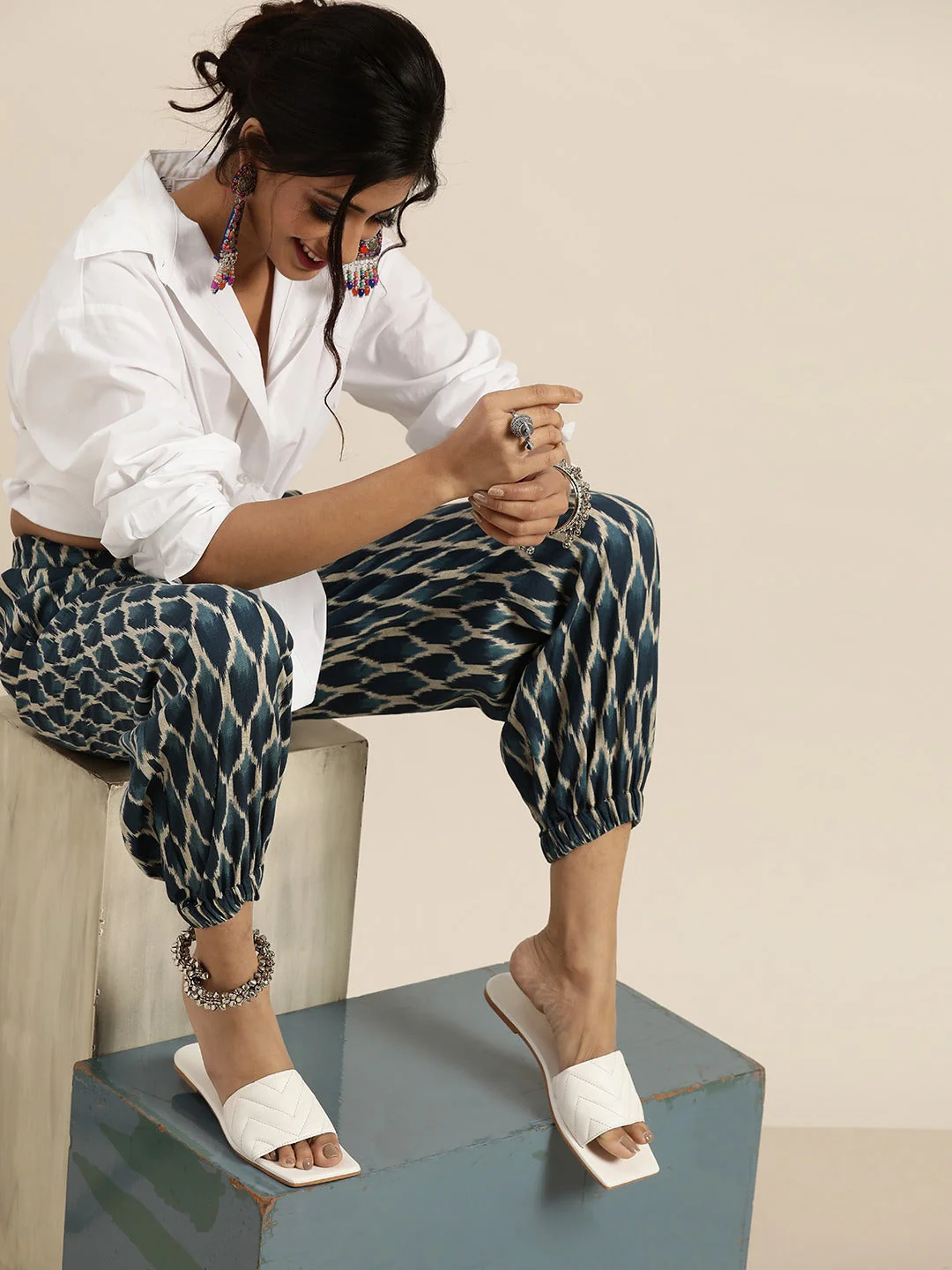 Navy Ikat Cuff Hem Pants - Image 4