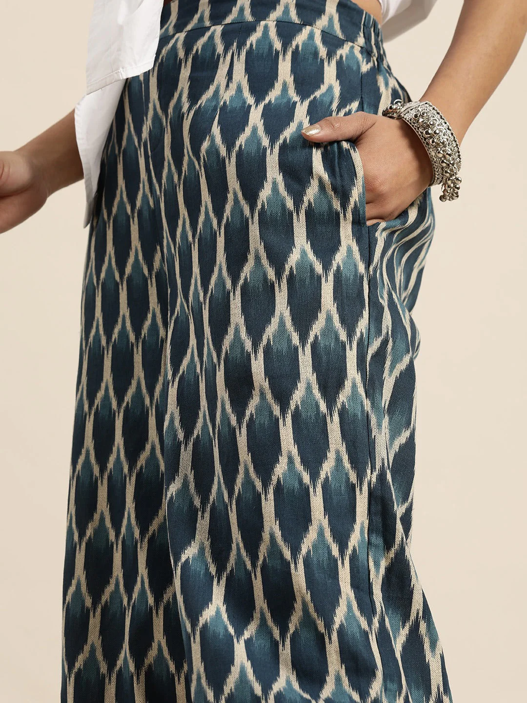 Navy Ikat Cuff Hem Pants - Image 5