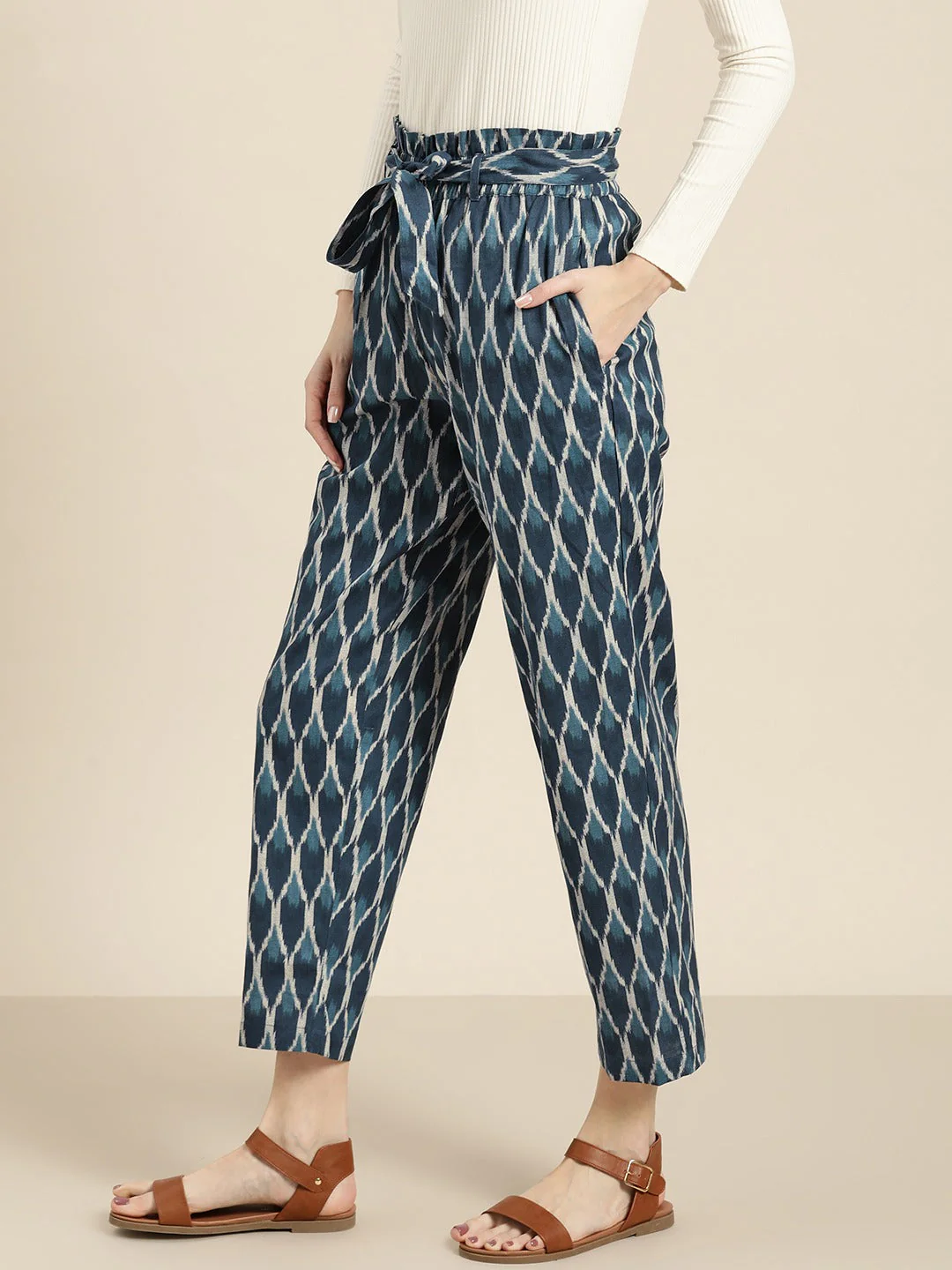 Navy Ikat Paper Bag Pants - Image 2