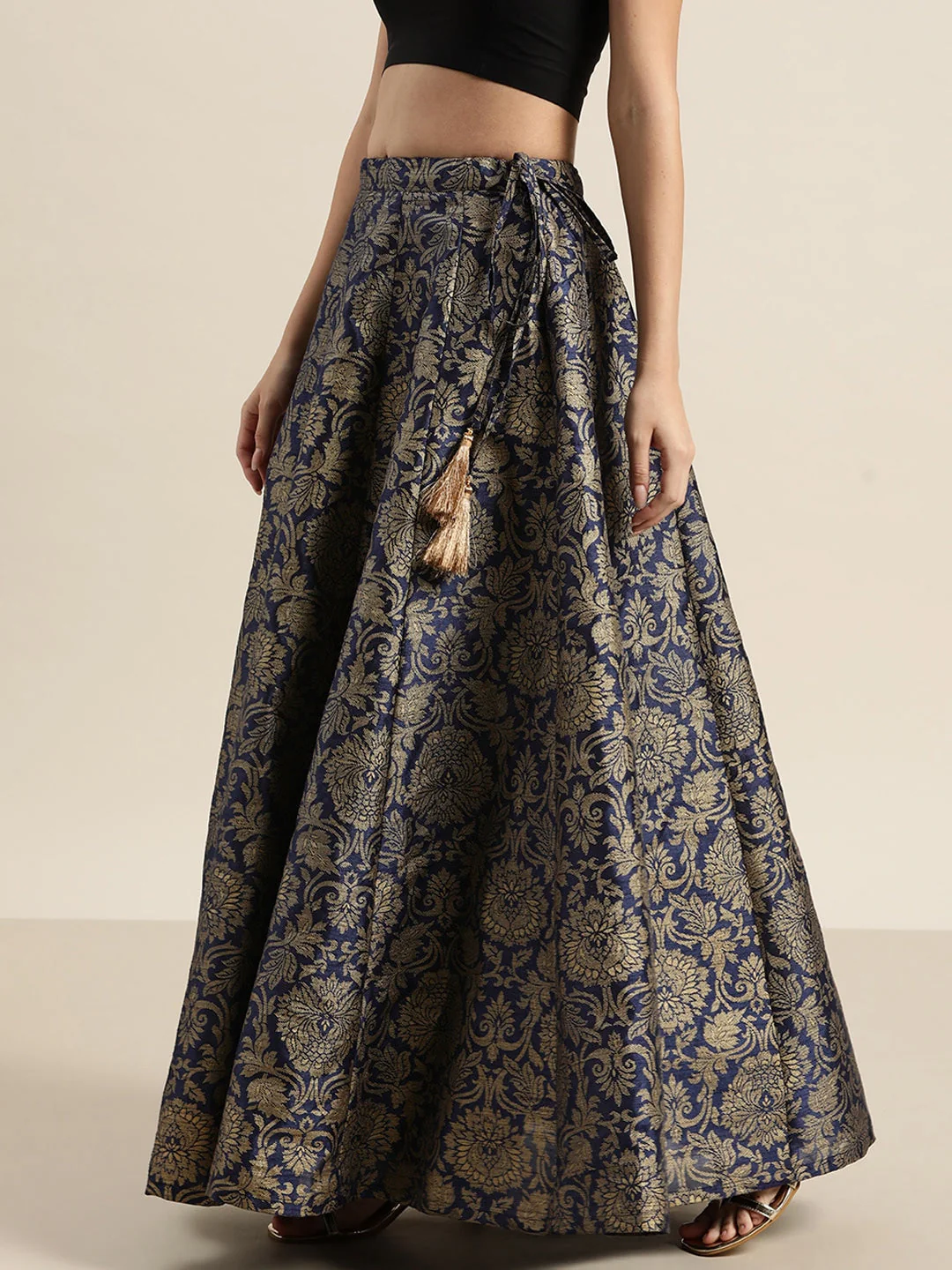 Navy Jacquard Floral Anarkali Skirt - Image 2