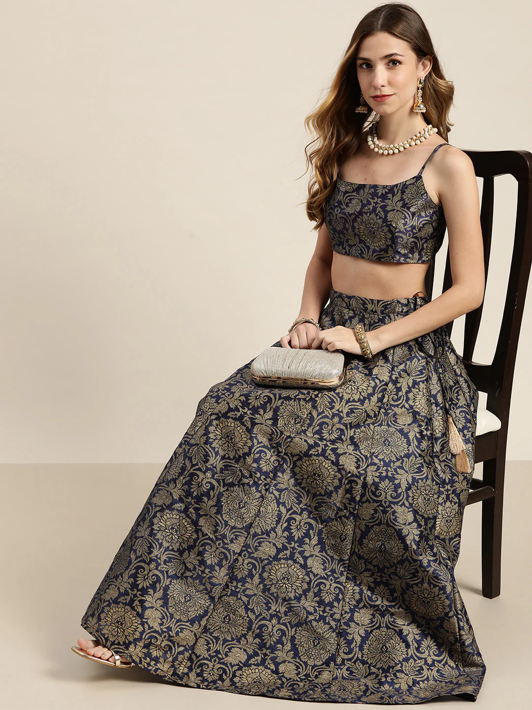 Navy Jacquard Floral Anarkali Skirt - Image 4