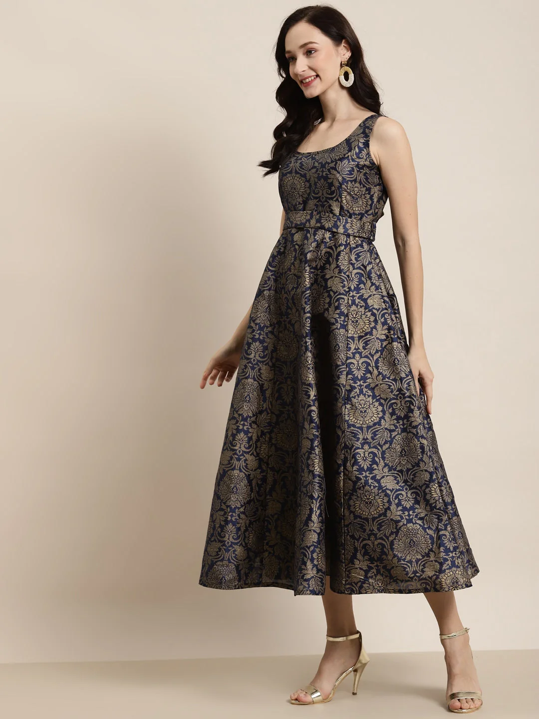 Navy Jacquard Floral Self-Belt Anarkali Maxi - Image 2
