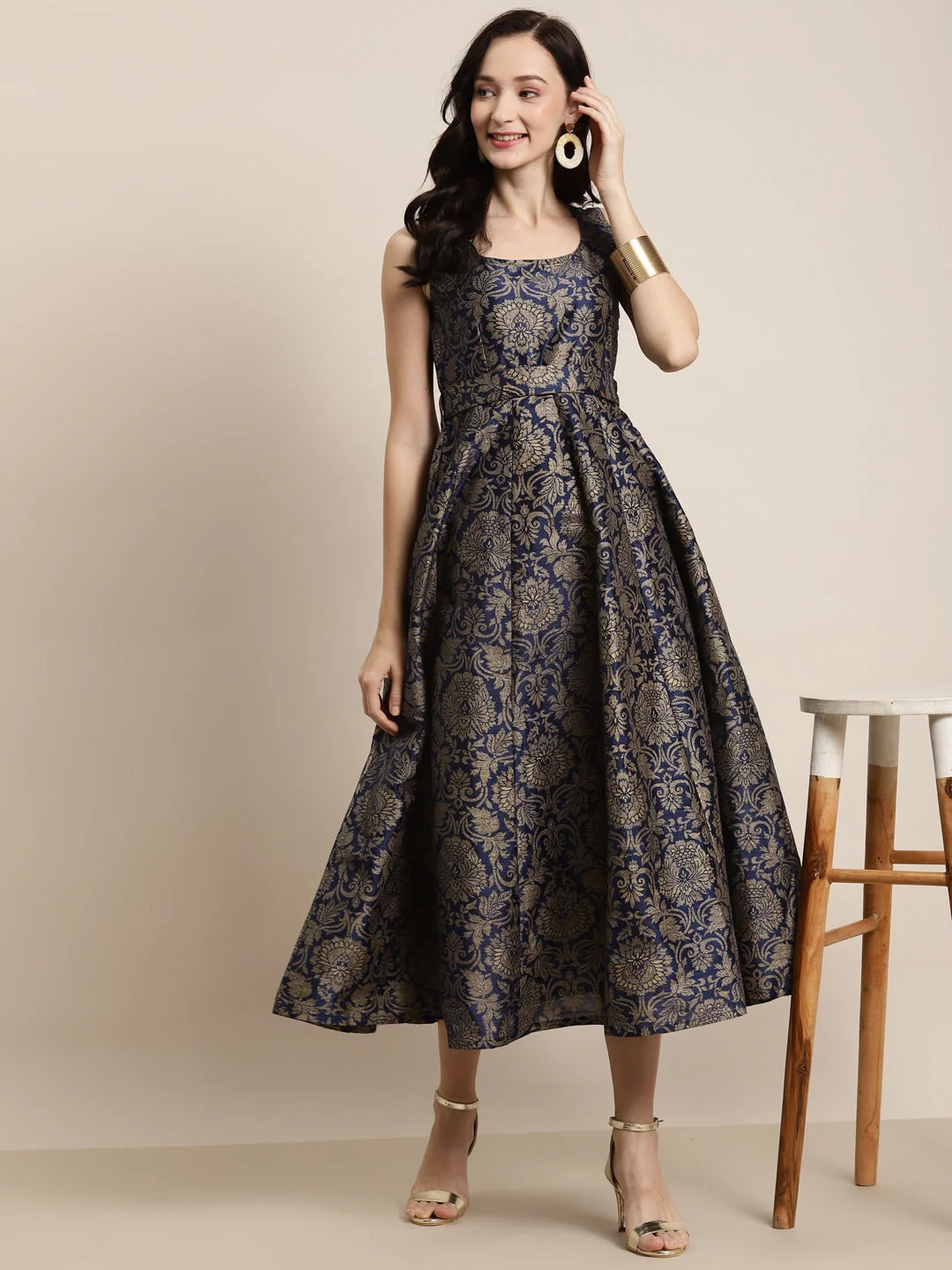 Navy Jacquard Floral Self-Belt Anarkali Maxi - Image 3