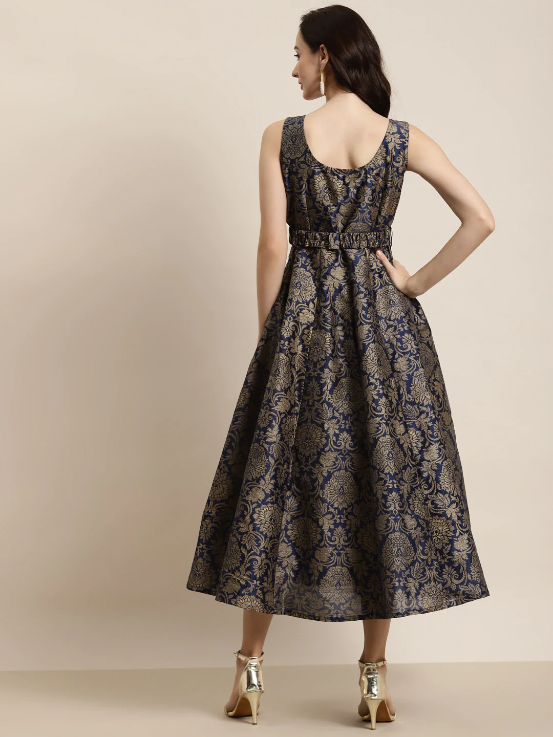 Navy Jacquard Floral Self-Belt Anarkali Maxi - Image 4