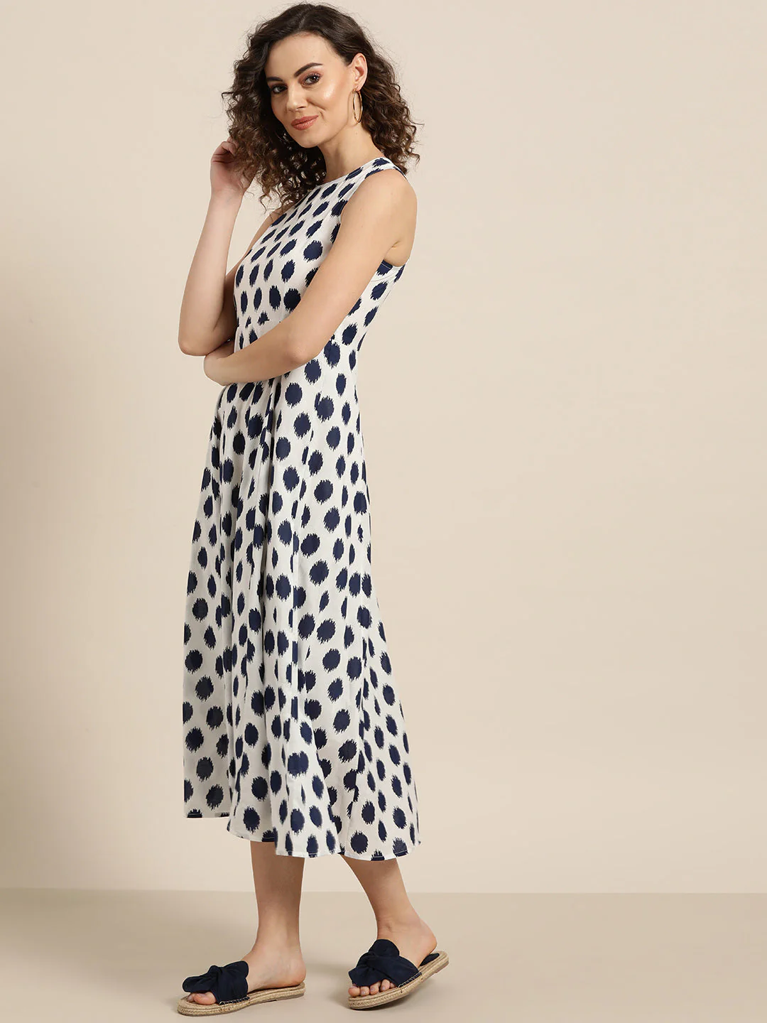 Women Navy Polka Deep Cut Sleeveless Dress - Image 2
