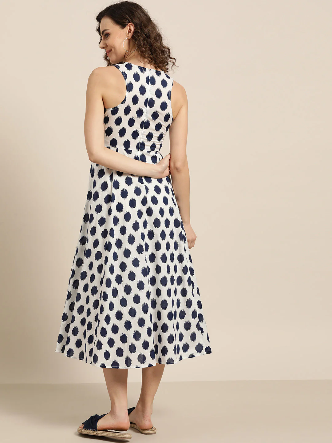 Women Navy Polka Deep Cut Sleeveless Dress - Image 4