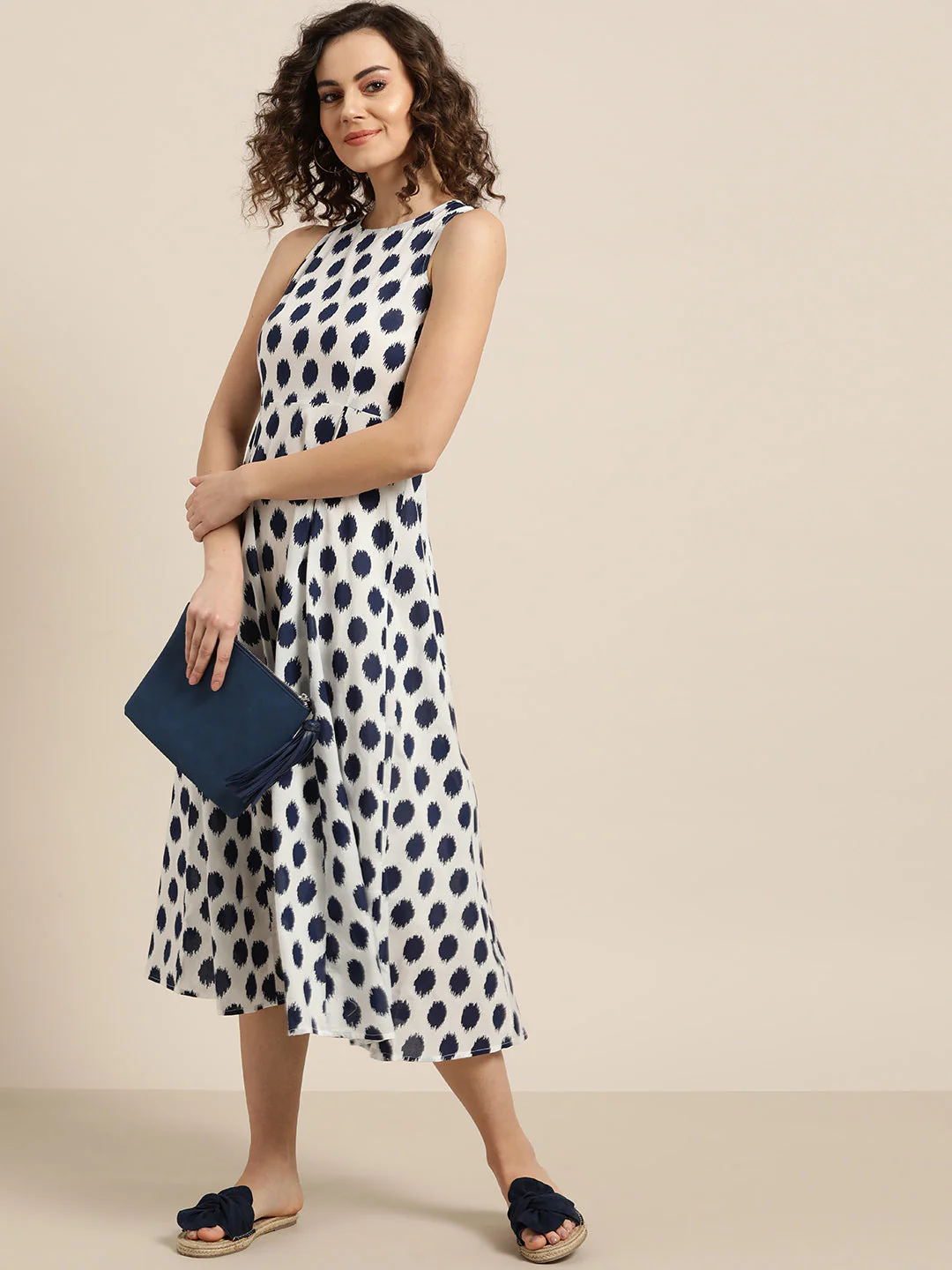 Women Navy Polka Deep Cut Sleeveless Dress - Image 5