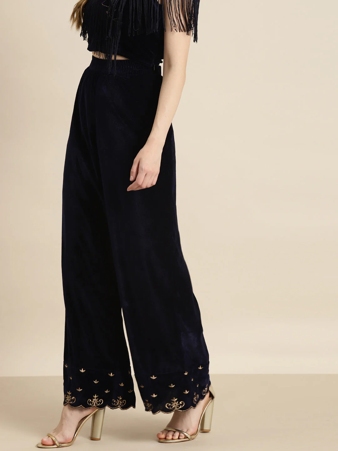 Navy Velvet Embroidered Flared Pants - Image 2