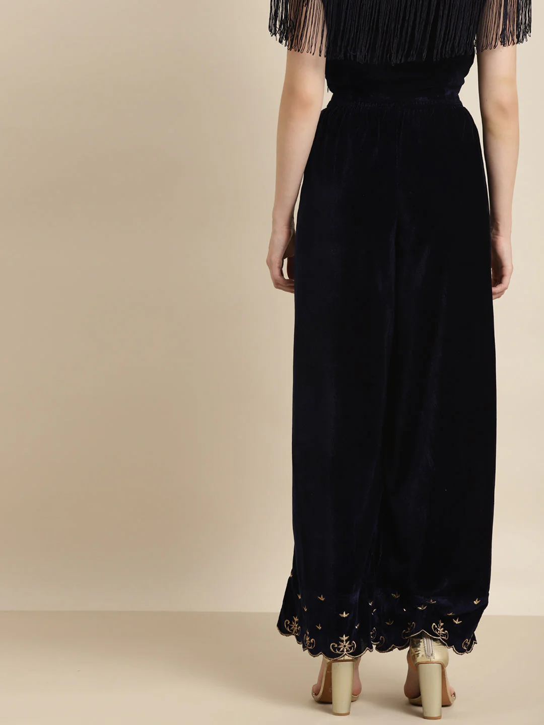 Navy Velvet Embroidered Flared Pants - Image 3